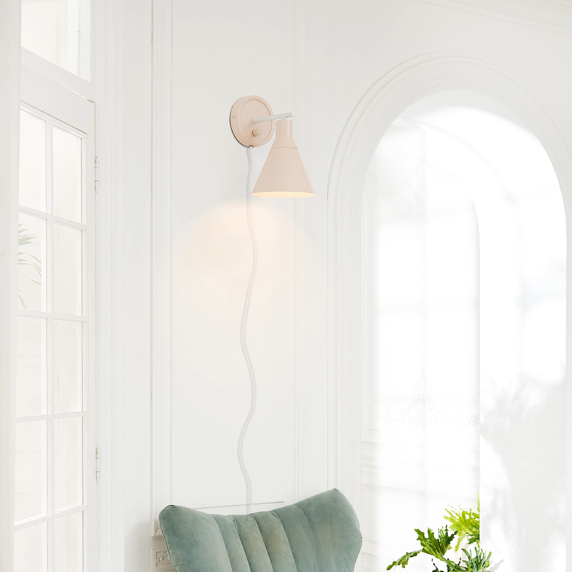 Globe Electric 65543 1-Light Dimmable Plug-in or Hardwire Wall Sconce, Matte Blush Pink, Matte White Accent, Stepless Dimming Ro
