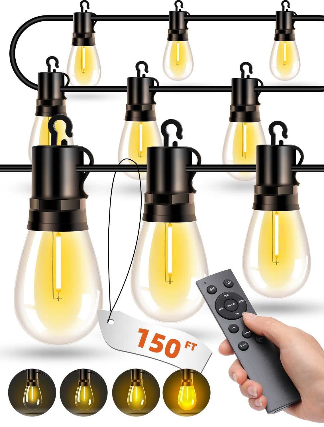 Vozuji Outdoor Patio String Lights: S14 Shatterproof Bulb Outside Waterproof Light - 150Ft 45M Remote Dimmable Connectable Hanging Outdoor Electric Lighting - Garden Backyard Yard Gazebo Porch Party
