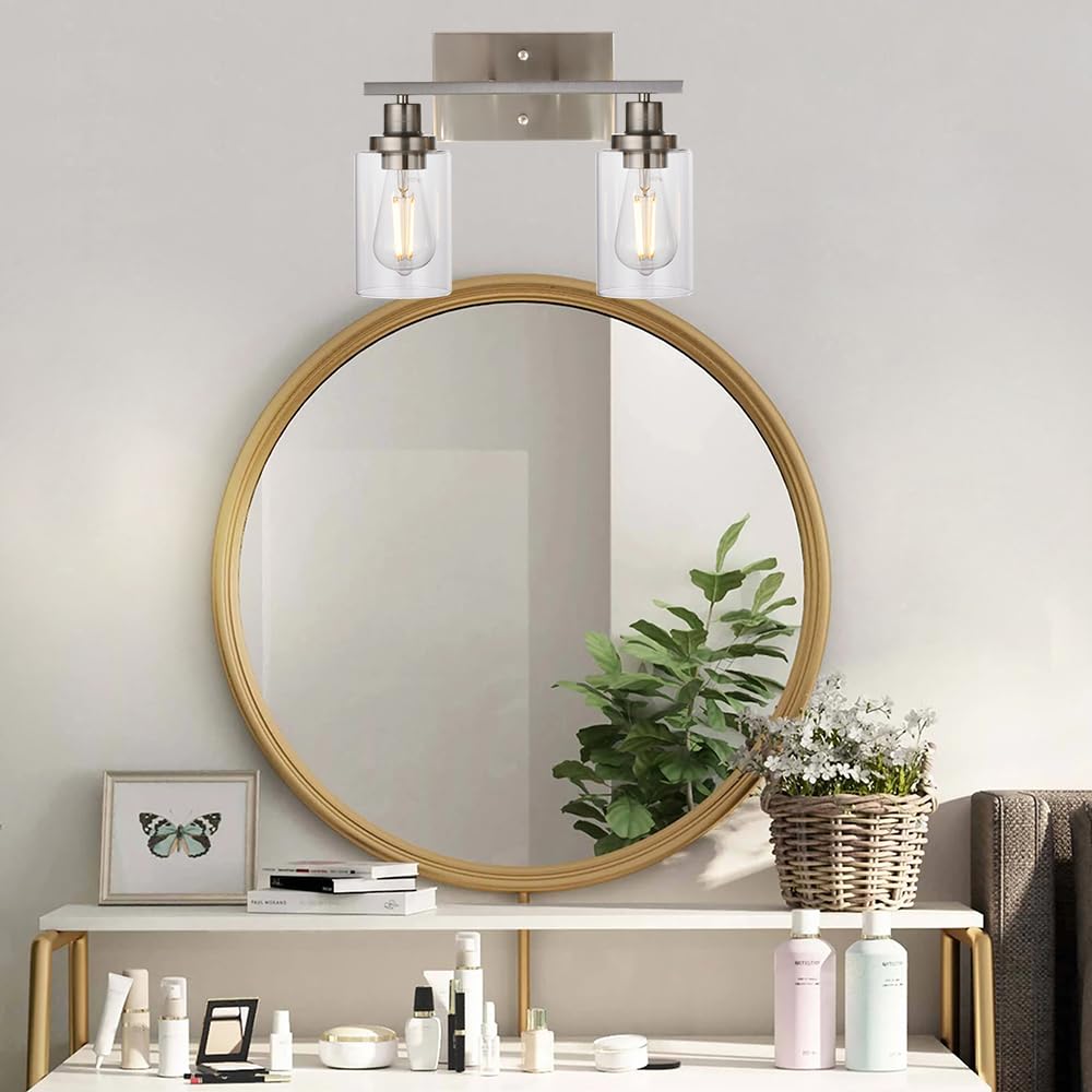 MELUCEE 2-Light Metal Wall Lights, Clear Glass Shade, Brushed Nickel, Modern Vanity Sconces for Bathroom, Hallway, Kitchen (Model: 450-2W-SN