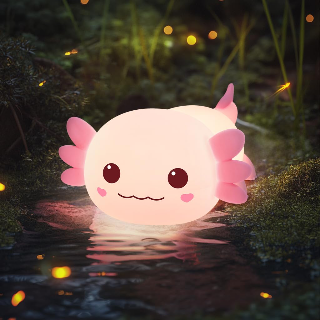 Caaaat Axolotl Night Light for Kids, 2 Level Dimmable Lamp, Huggwaii Silicone Kids Night Light, Cute Bedside Touch nightlight,12