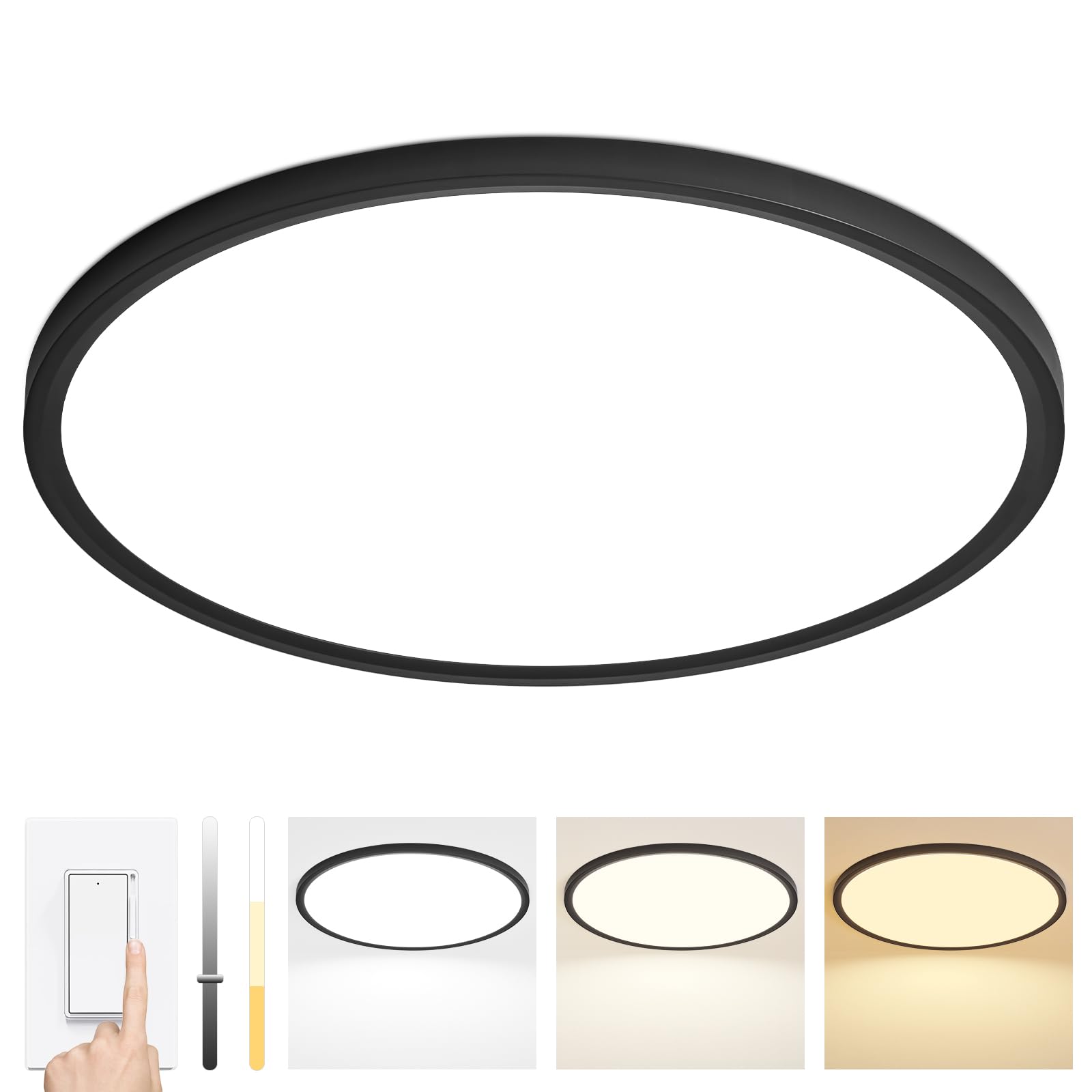 24 Inch Dimmable LED Ceiling Light Fixture, Ultra Thin Flush Mount, 48W 4800Lumen, 3 Color Changeable, Round, Black, for Dining 