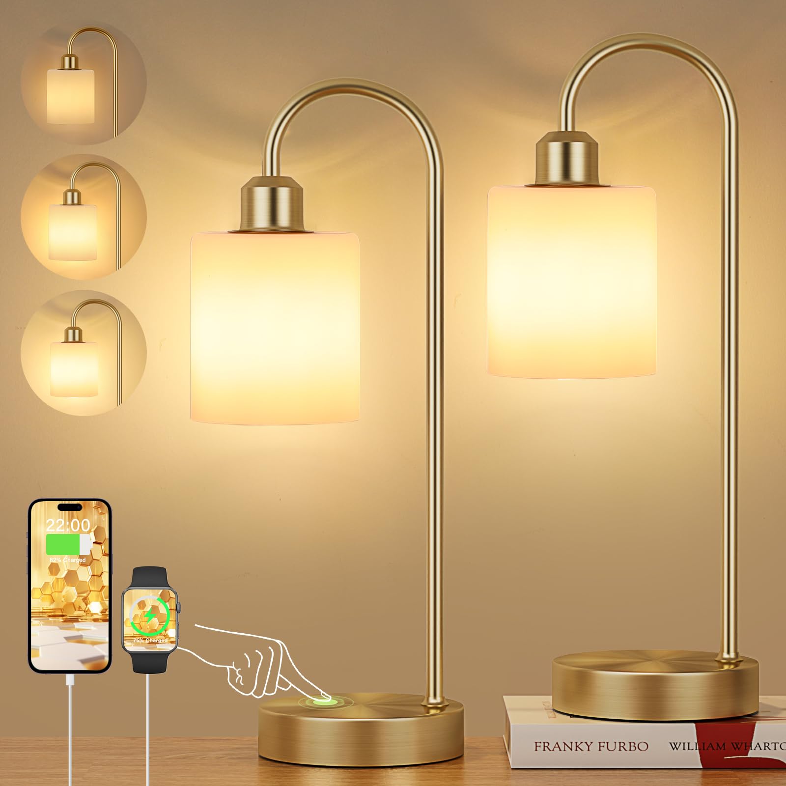 Opal Gold Desk Lamps For Home Office - 3 Way Dimmable Touch Gold Lamp With Usb C+A Ports, Nightstand Lamp With Glass Shade,Bedside Table Lamps For Night Stands, Bedroom,Living Room, Led Bulb Included
