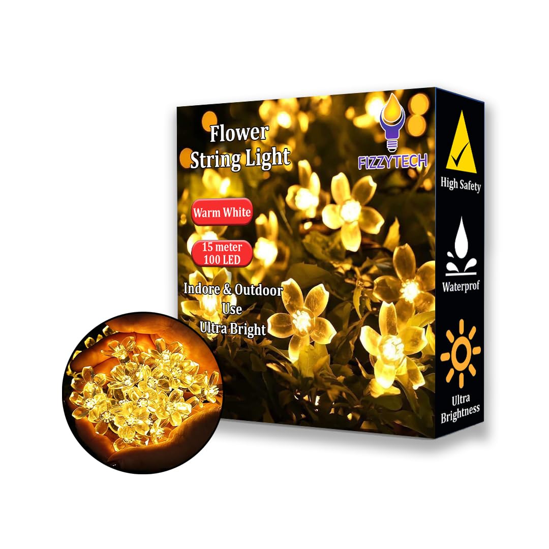fizzytech Plastic Flower Fairy String Lights of Home Decoration Diwali Light Lights of Home Decoration 15 Meter 100 Led Warm Whi