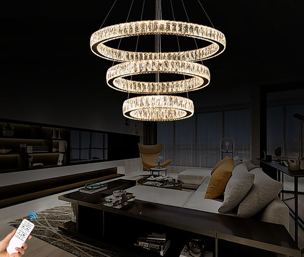 Idequy 3 Rings Crystal Chandeliers 32+24+16 Crystal Ceiling Light Fixture Pendant Lighting Hanging Lamp For Living Room Led Dimmable 3000-6000K