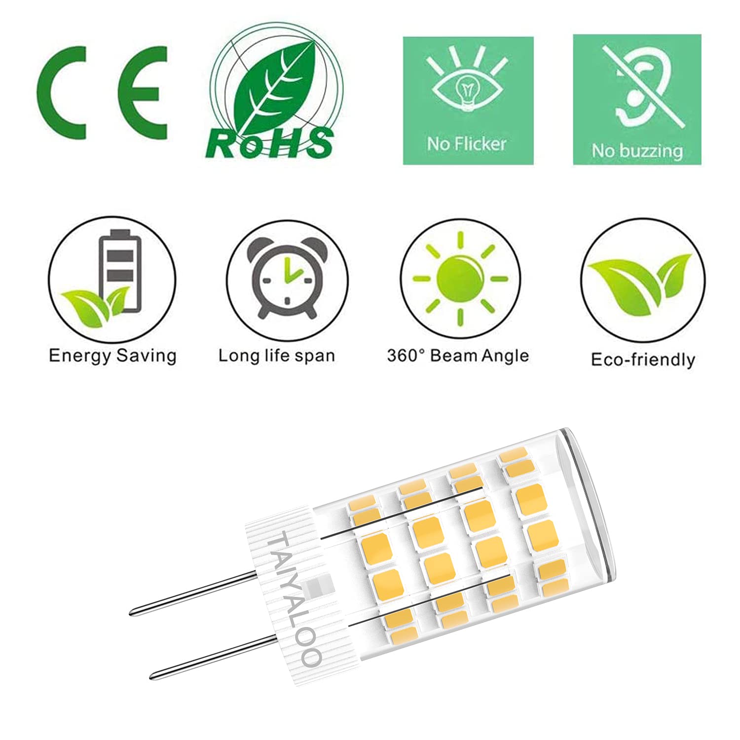 TAIYALOO G4 LED Bulbs 5W T3 40W Halogen Replacement, 12V AC/DC, Bi-Pin Base, Daylight White 6000K,
