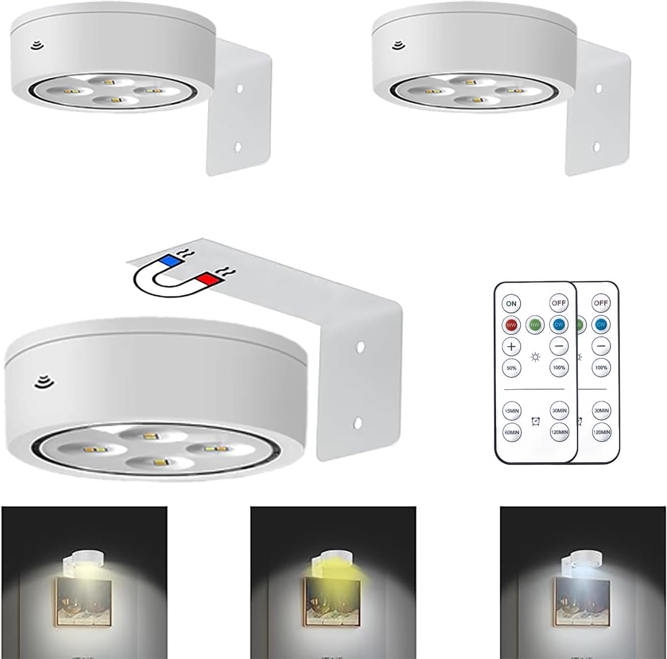 MIOBLUE 3Pack Picture Light Battery Operated Painting Lights, Wireless Magnetic Display Art Light with Remote Controls,Dimmable 