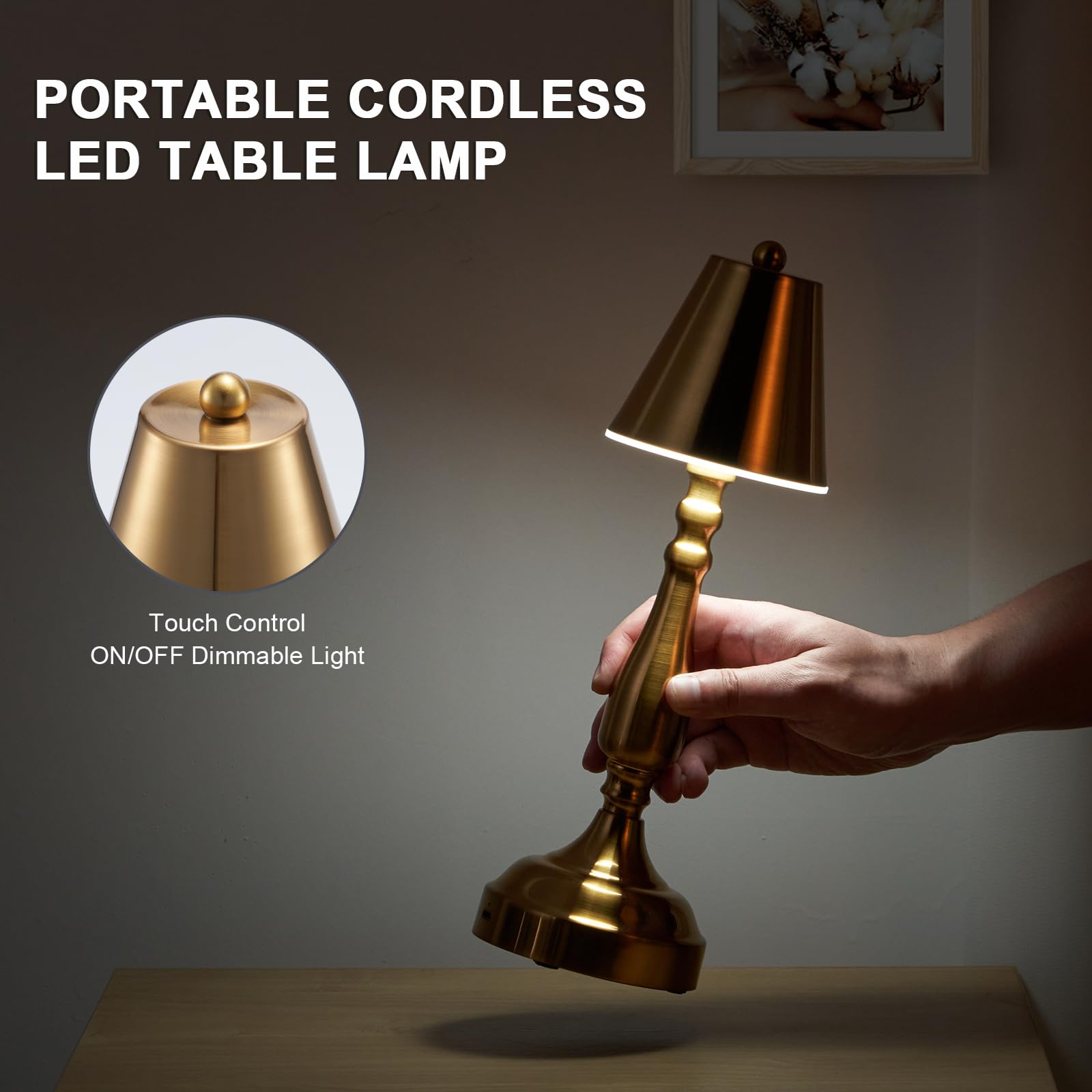 Cordless Rechargeable Table Lamp,5000Mah Battery Operated Lamps Cordless, Portable Small Brass Desk Lamp,3 Color Touch Stepless