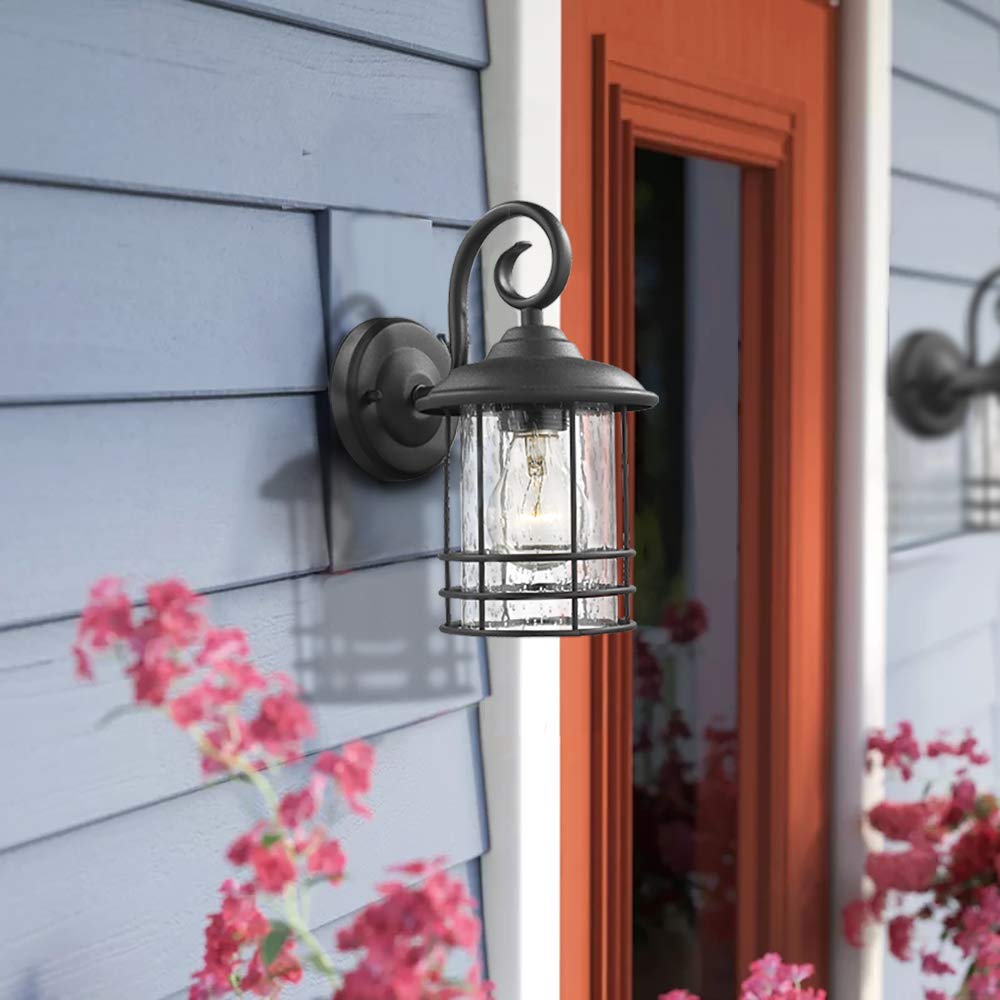 Emliviar 1-Light Outdoor Wall Lantern Twin Pack, Black Finish With Seeded Glass