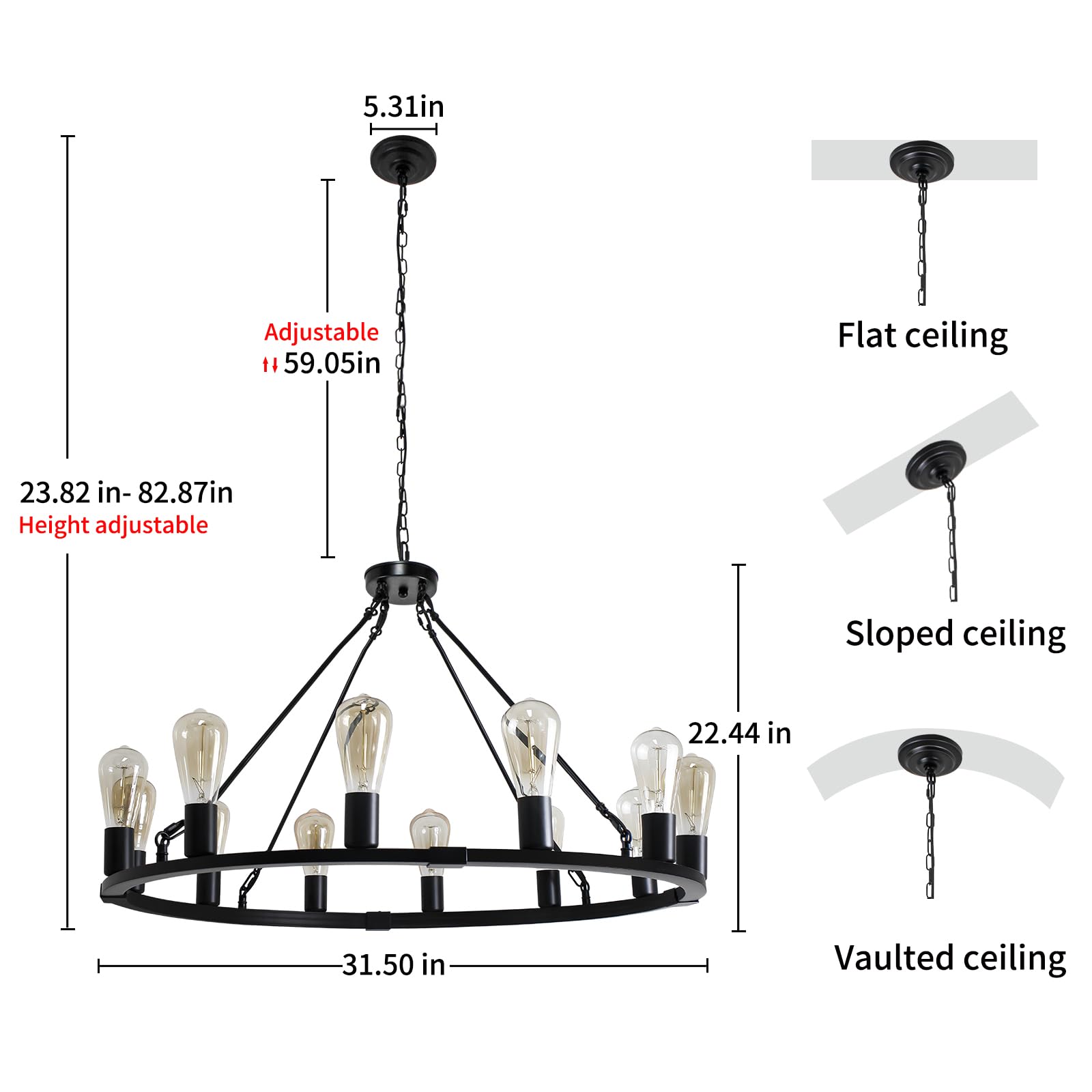 Rviezza 31.5" 12 Lights Wagon Wheel Chandelier, Black Round Rustic Industrial Vintage Farmhouse Chandeliers For Dining Room Foyer Living Room Kitchen Island