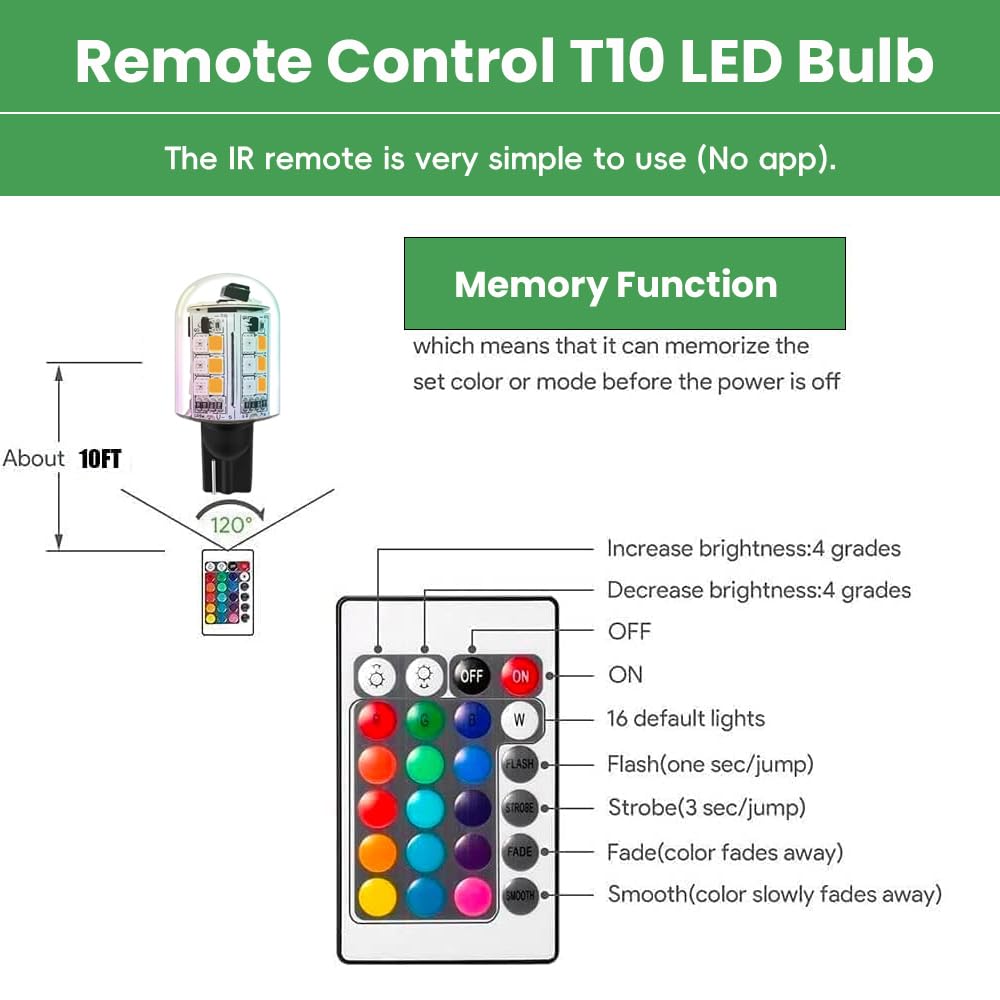 Makergroup RGB T10 LED Light Bulbs 12V, 3 Pack, Multi-colored, Dimmable with Remote, Weatherproof for Outdoor Use