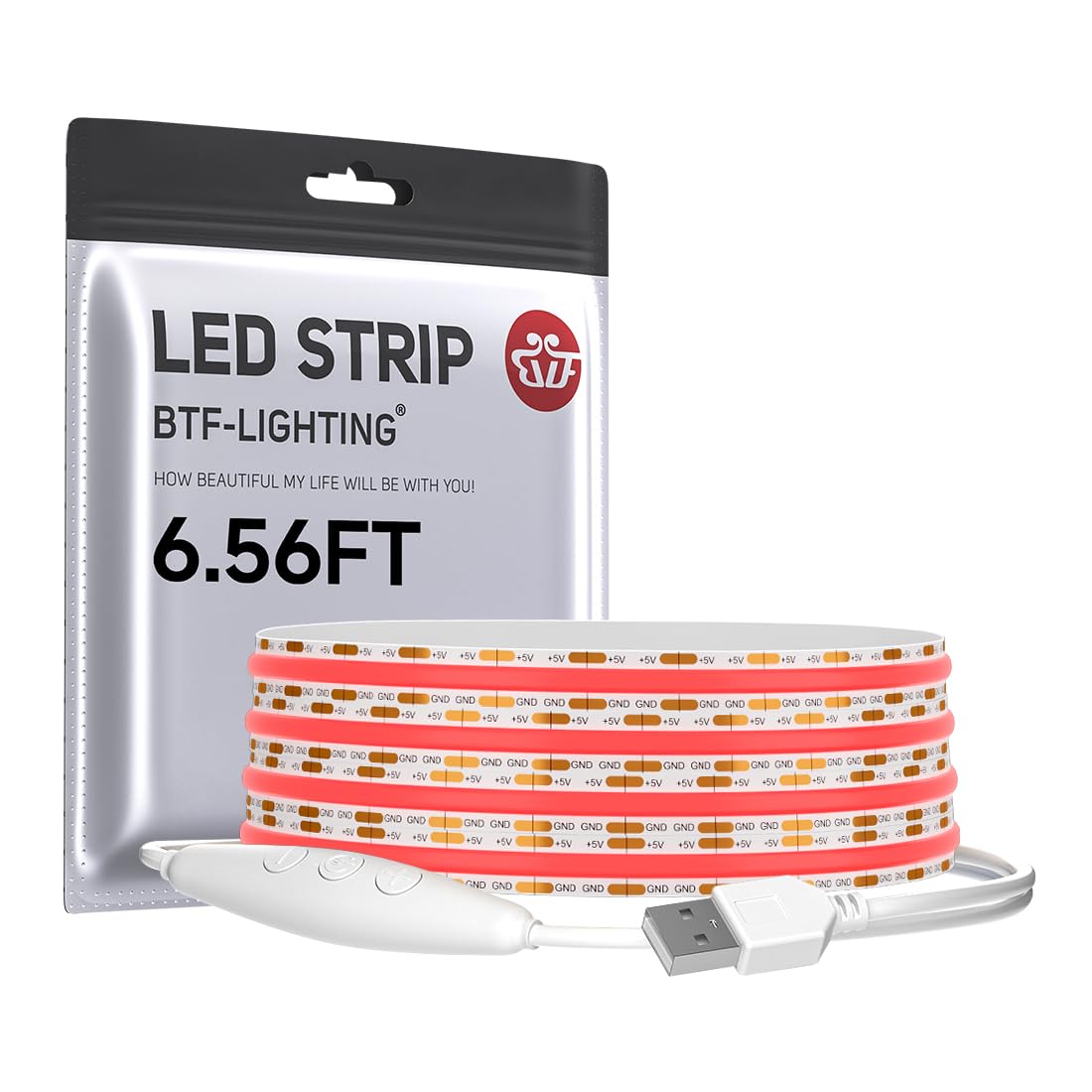 BTF-LIGHTING FCOB COB FOB LED Band Lights 5V USB Powered 6.56FT 640LEDs Red Color 8mm Width Dimmable CRI 90+ with 3M Tape Flexible High Density for 3D Printer TV Backlight PC DIY Decor