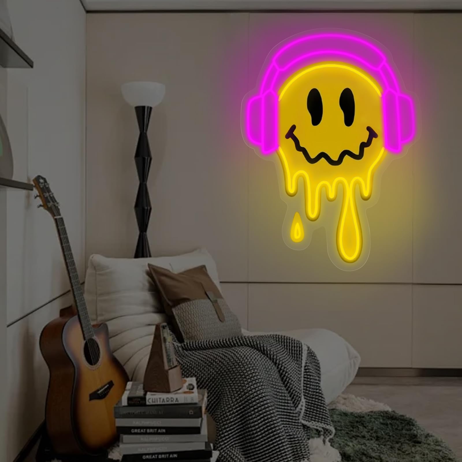 Melting Smile Face With Headphone Neon Sign For Wall Decor Neon Smile Light Signs For Kids Room Bar Party Bedroom Decor Lamp Personalized Gifts Kids Room  Wedding Decoration  Holiday Gift-Pink