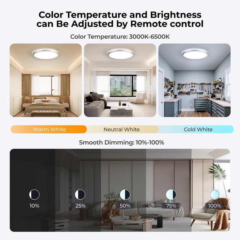 BLNAN Dimmable LED Flush Mount Ceiling Light Fixture, 12Inch, Silver, Model LD-002, Remote Control, 3000K-6500K, Low Profile