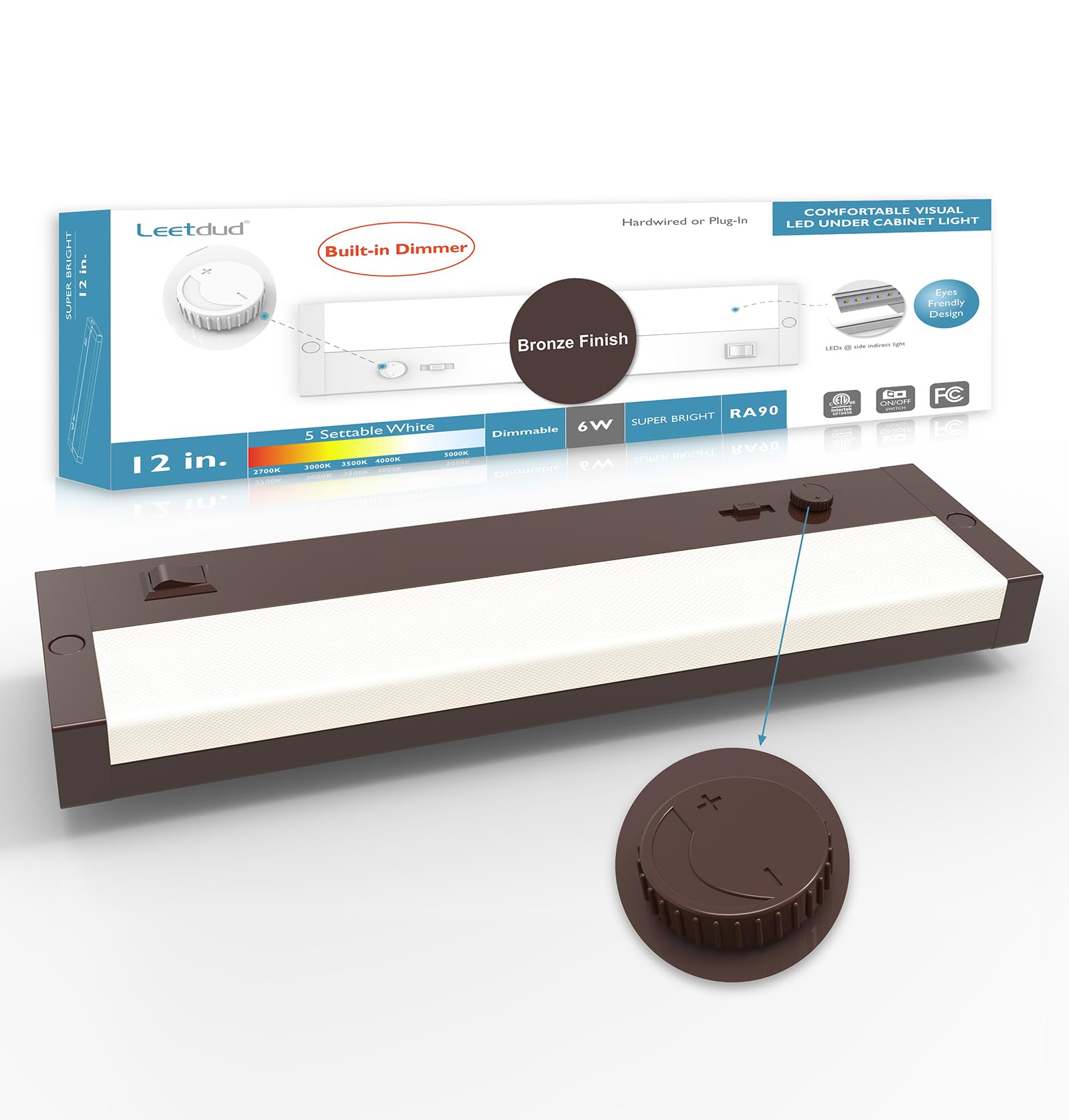 Leetdud LED Under Cabinet Lighting Built-in Dimmer Plug in or Hardwired,12 Inch 6W Dimmable 5 Color 2700K/3000K/3500K/4000K/5000