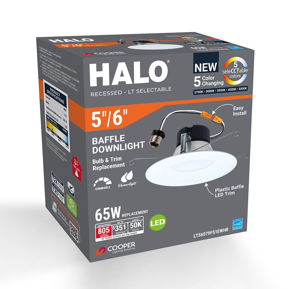 Halo Lt 5-Inch And 6 Inch Led Retrofit Module With Baffle Trim Selectable 5Cct 750-Lumens