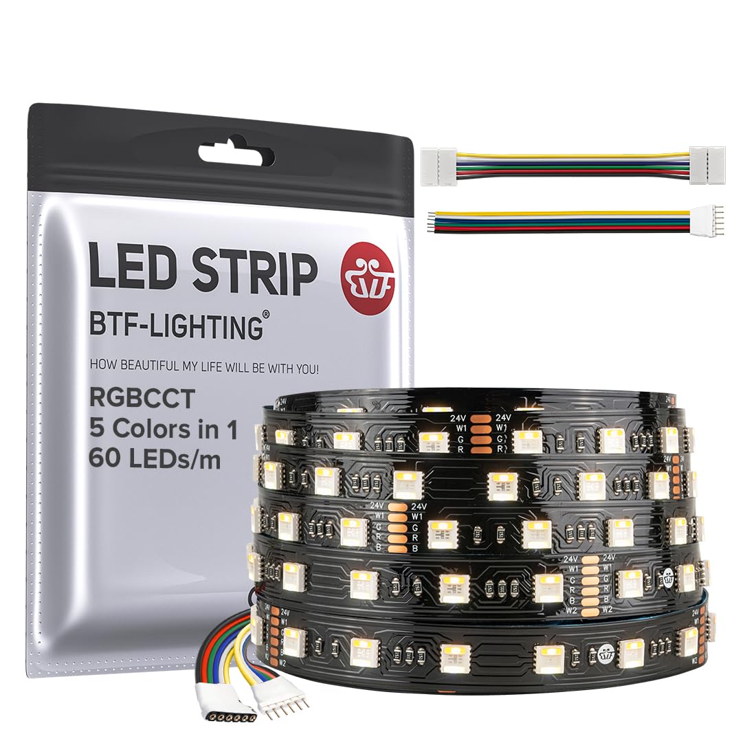 BTF-LIGHTING LED Strip Light 5050SMD RGBWW 16.4ft 300LEDs DC24V IP30 Black PCB
