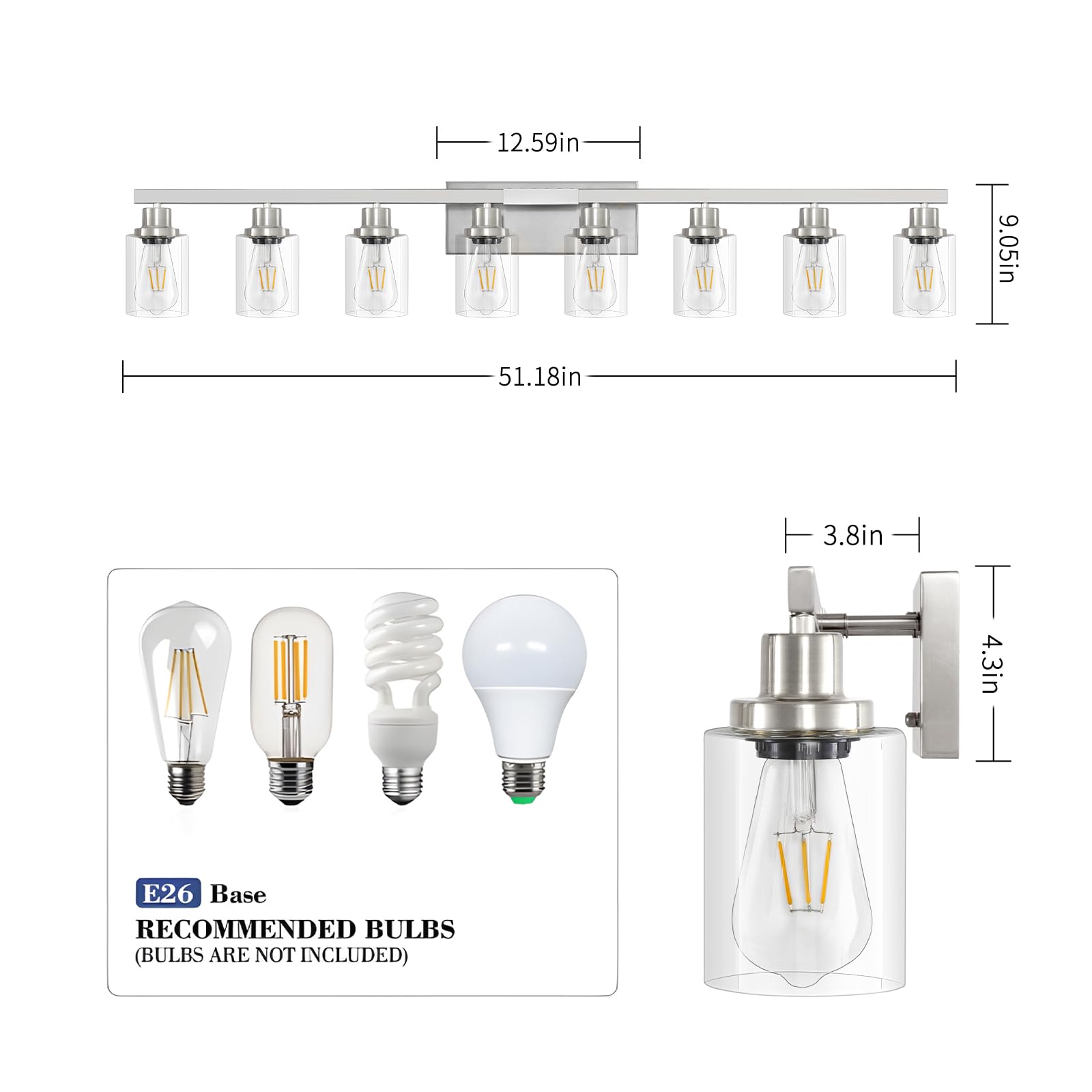 DIKAIDA 52in Brushed Nickel Vanity Light Fixtures, 8-Light Metal Bathroom Lighting, Model NS-8