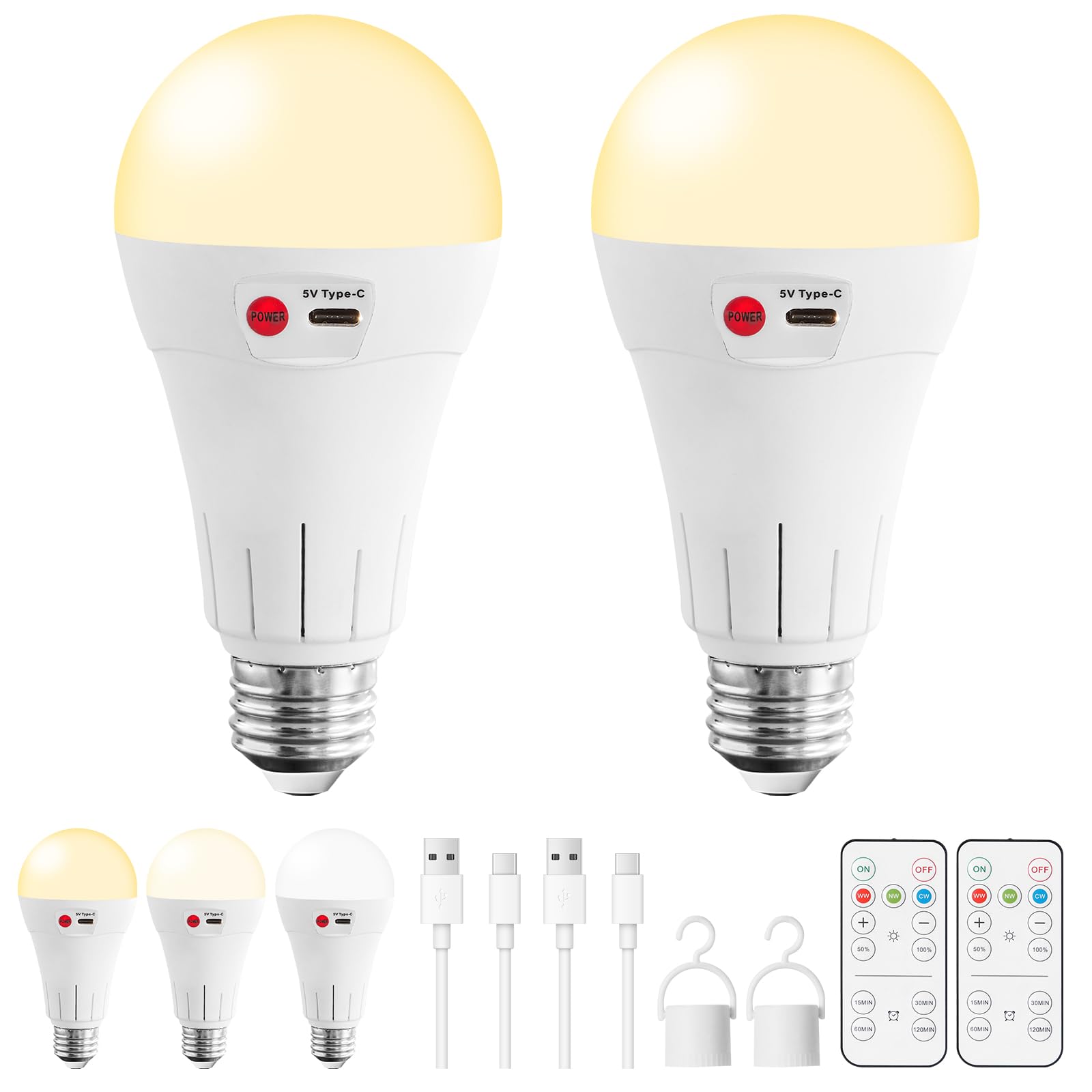 Vitnucrol 2 Pack Rechargeable Light Bulbs With Remote, E26 Wireless Battery Operated Light Bulb For Lamps, 2600Mah Dimmable Time