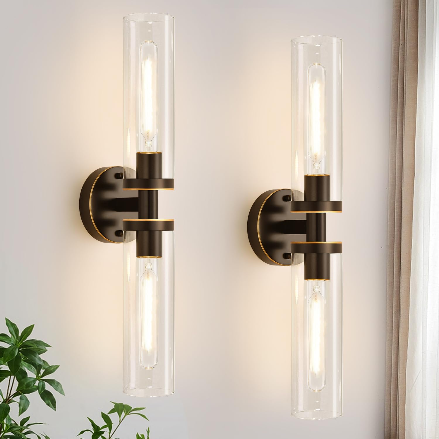 Wall Sconces Set Of Two, Hardwired Brown Bathroom Sconces Wall Lighting With Clear Glass, Modern Sconces Wall Decor Set Of 2 Wal