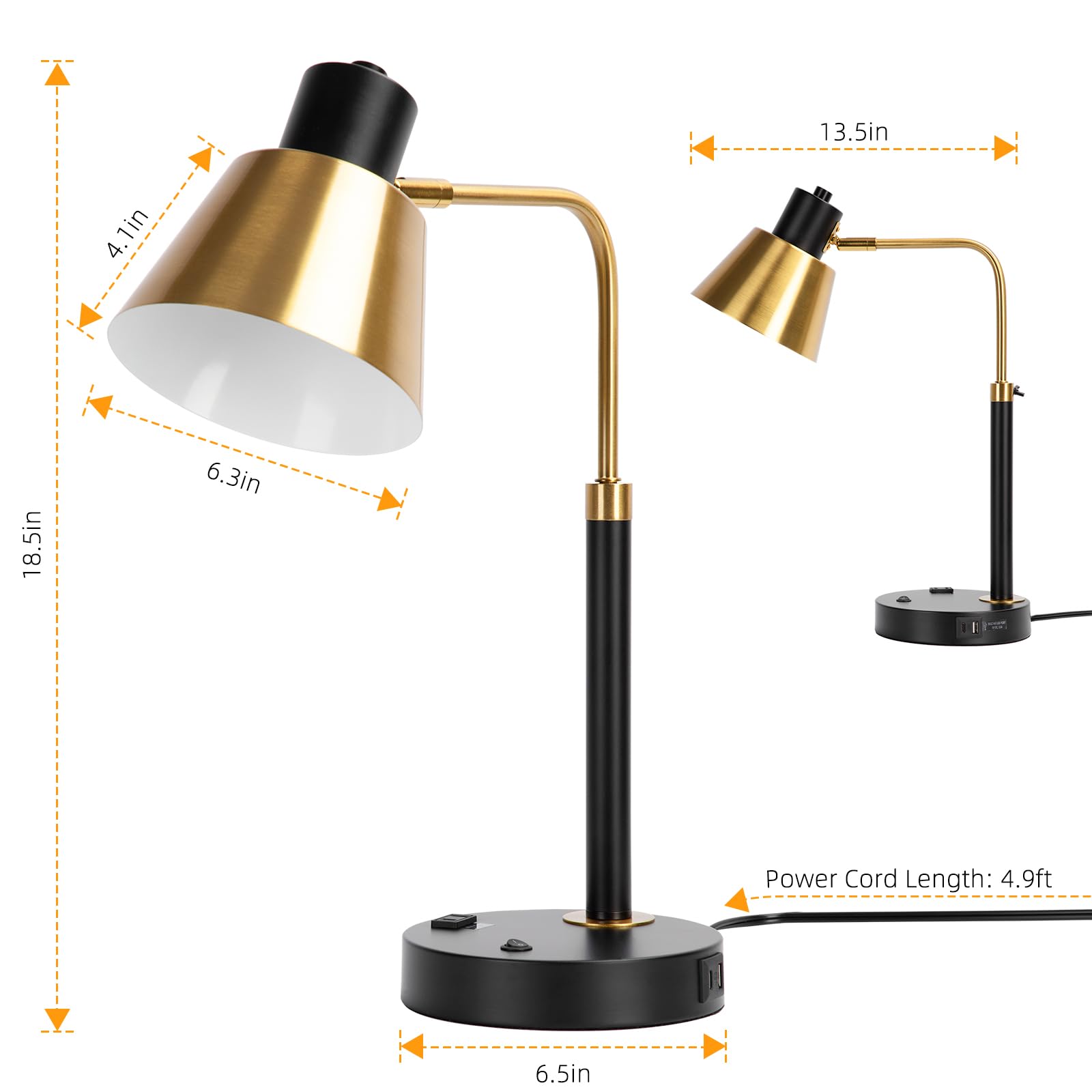 Starstrips Desk Lamp With Usb+Type C Port And Ac Outlet, Table Lamp Adjustable Head Heavy Duty Metal Matte Black Base Modern Bru