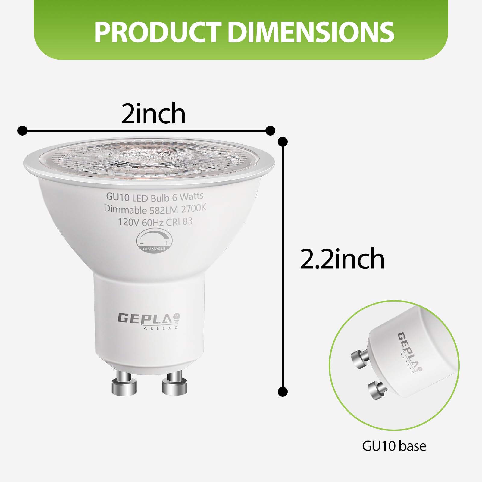Geplad 6 Pack Gu10 Led Bulb Dimmable 6W, 582Lm, 2700K Warm White, Halogen Replacement, 38° Spotlight