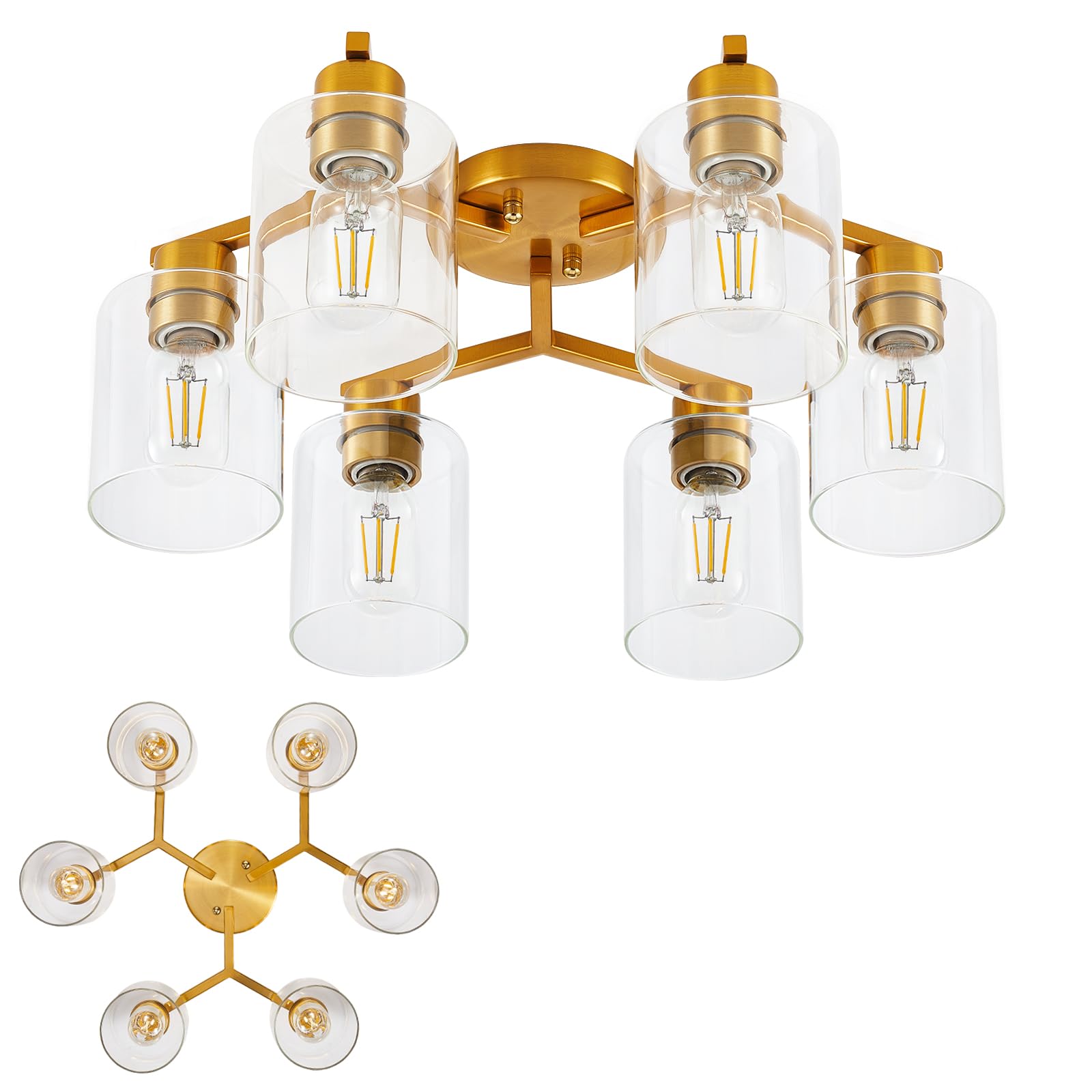 Gold Ceiling Light Fixture, Mid-Century Modern Kitchen Ceiling Light Fixtures, Gold Semi Flush Mount Ceiling Light, 6-Light Ligh