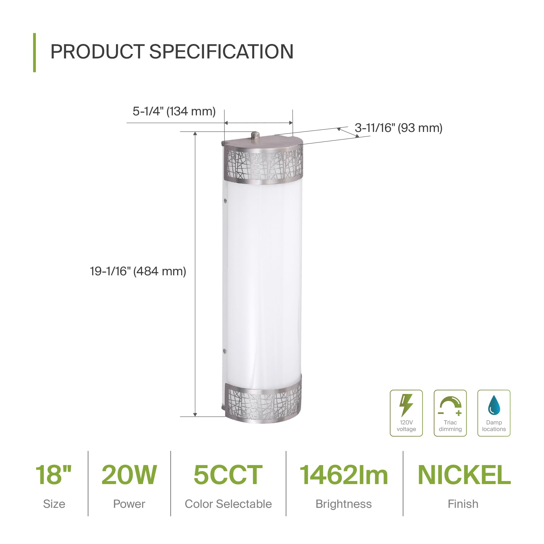 ASD 18 Inch LED Bathroom Vanity Light - Dimmable 20W 2700K-5000K - Brushed Nickel - Model A-LVF-LF-18D20AC-N