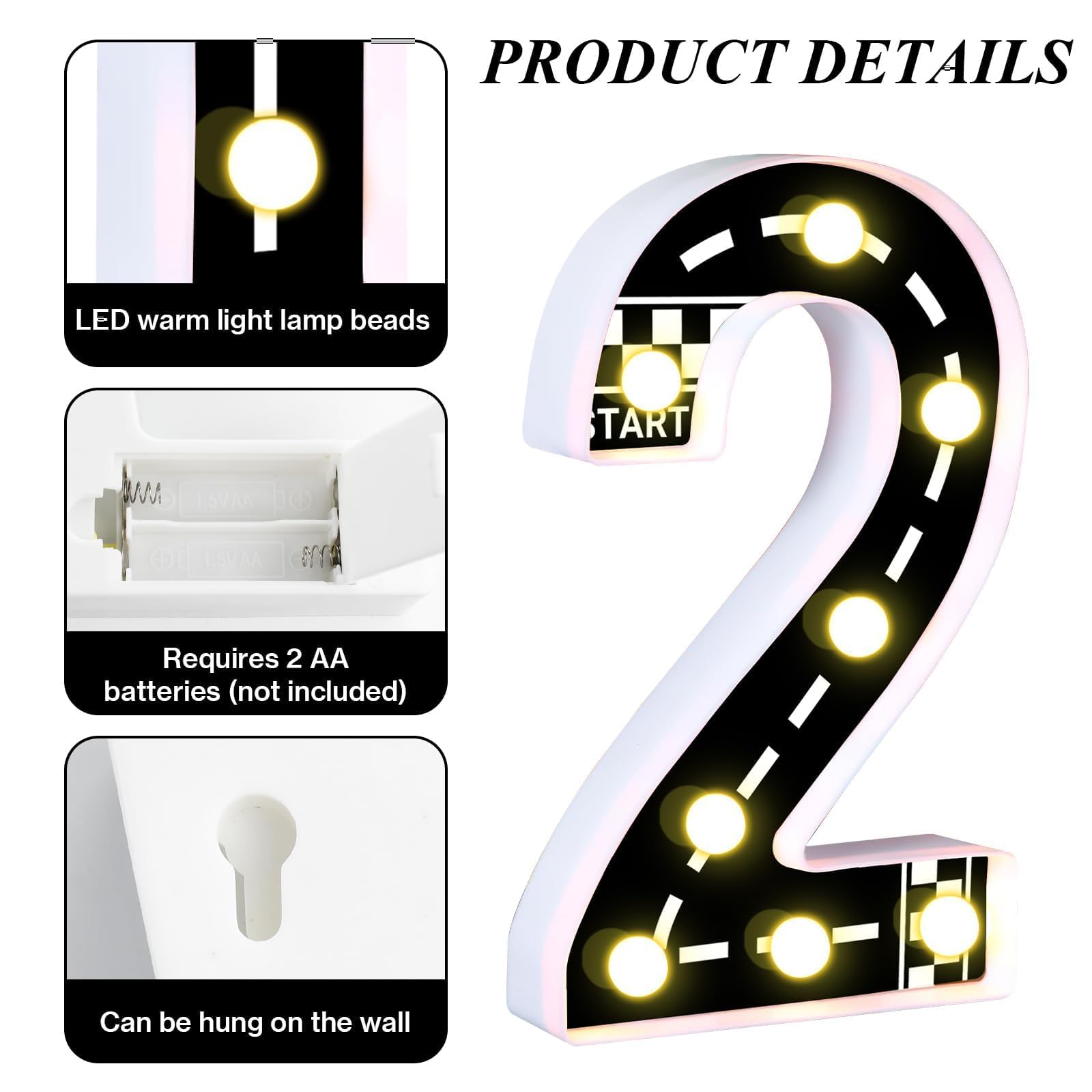 AXBMM Racing Car Birthday Light Up Sign, Number 2, Checkered Decor, Polypropylene, White/Black, Model XY-299