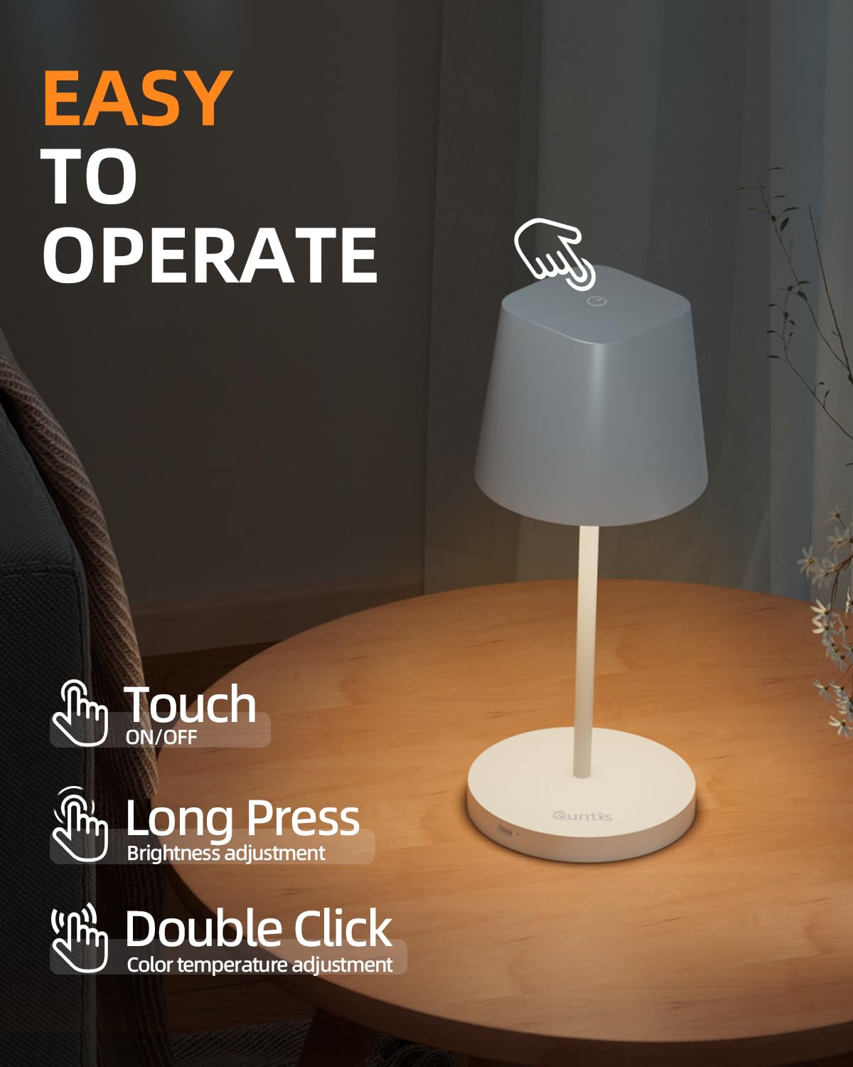 Quntis 2 Pack Cordless Led Table Lamp - Touch Dimmable, Rechargeable, White, Perfect For Home & Outdoor