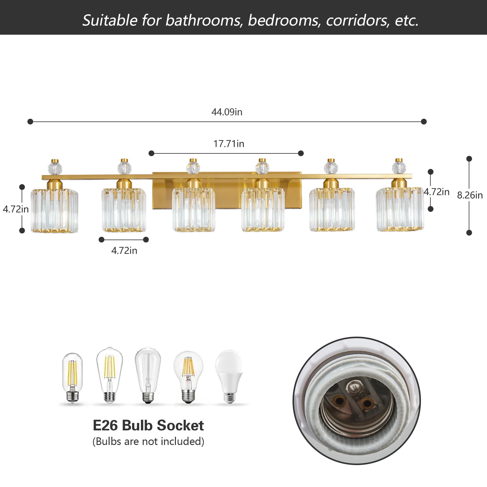 Fdpby 6-Light Modern Crystal Vanity Light - Gold Metal Bathroom Fixture, Model 290