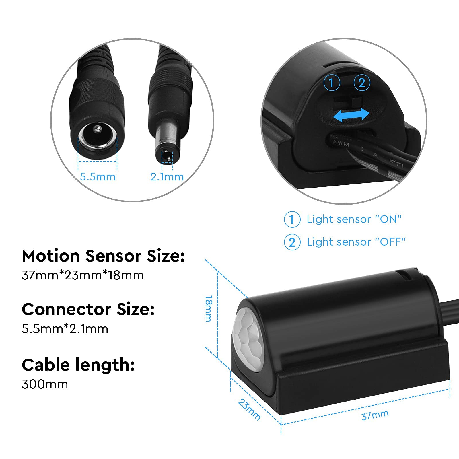 Litever Pir Motion Activated Sensor Switch Black With Light Sensor Function. Dc6~24V 3A.Dc 5.5X2.1Mm Connectors. Perfect For Diy