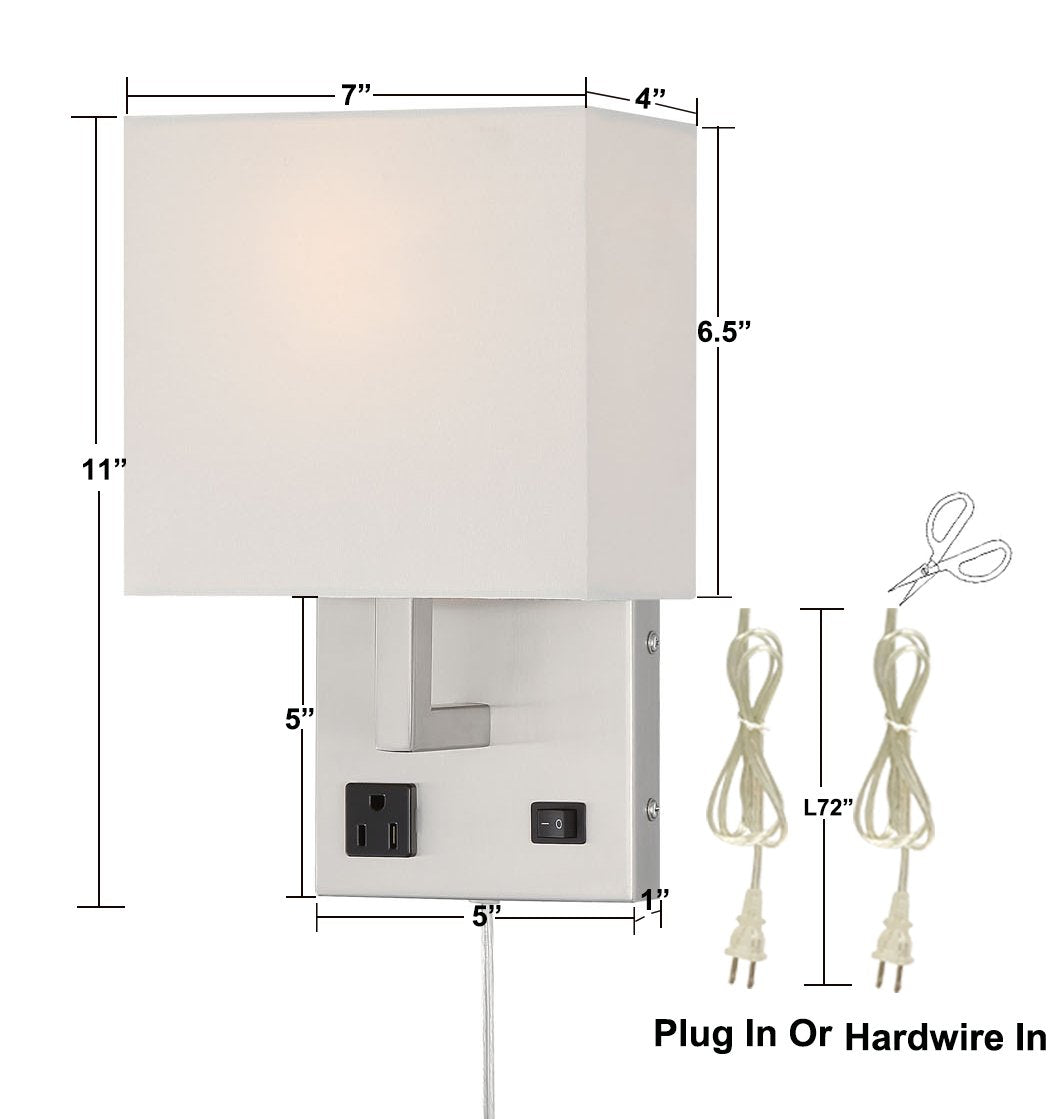 Homefocus - Bedside Wall Light With Outlet,Wall Lamp,Wall Sconces,Wall Lamp For Bedroom,Living Room,Wall Light For Home And Hotel,Metal,Satin Nickel,White Fabric Shade.