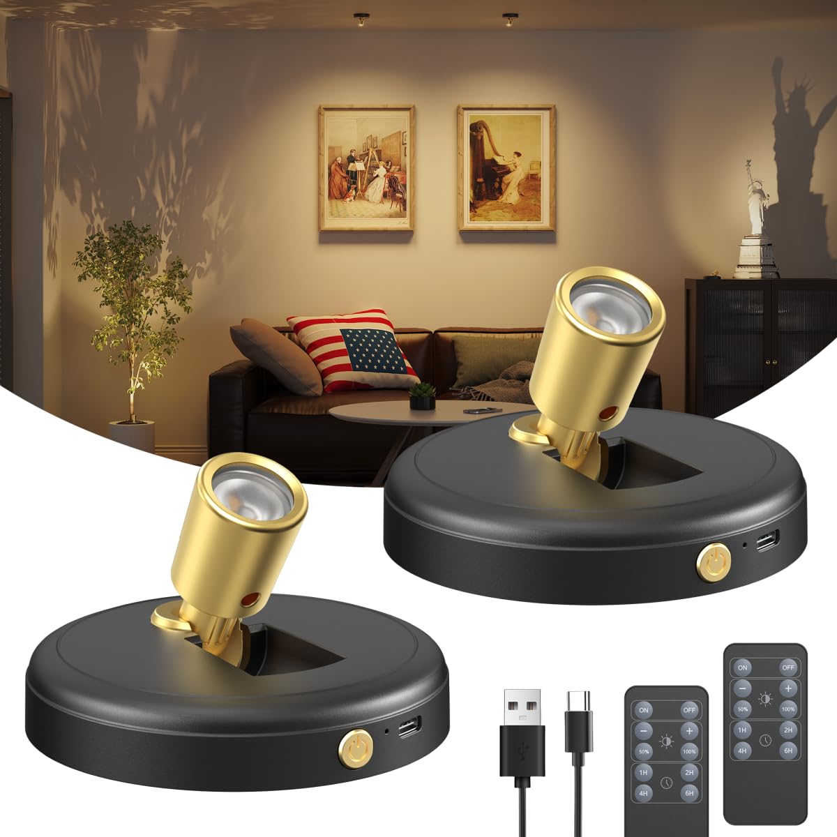 Zetunlo Indoor LED Spotlight, Rechargeable Battery, Wireless Up Lights, 2 Pack, Black, Model IPB974, Ideal for Home Decor and Artwork Display