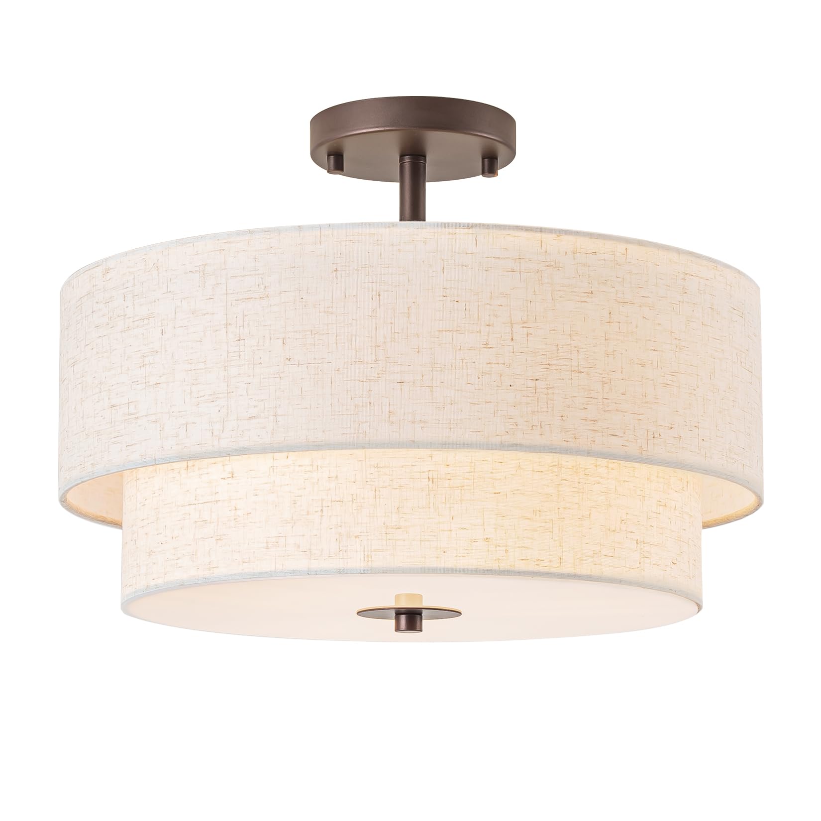 Bargeni 16'' Semi Flush Mount Ceiling Light, 3-Light Drum Ceiling Light Fixture, Oil Rubbed Bronze with Double Linen Fabric Shad