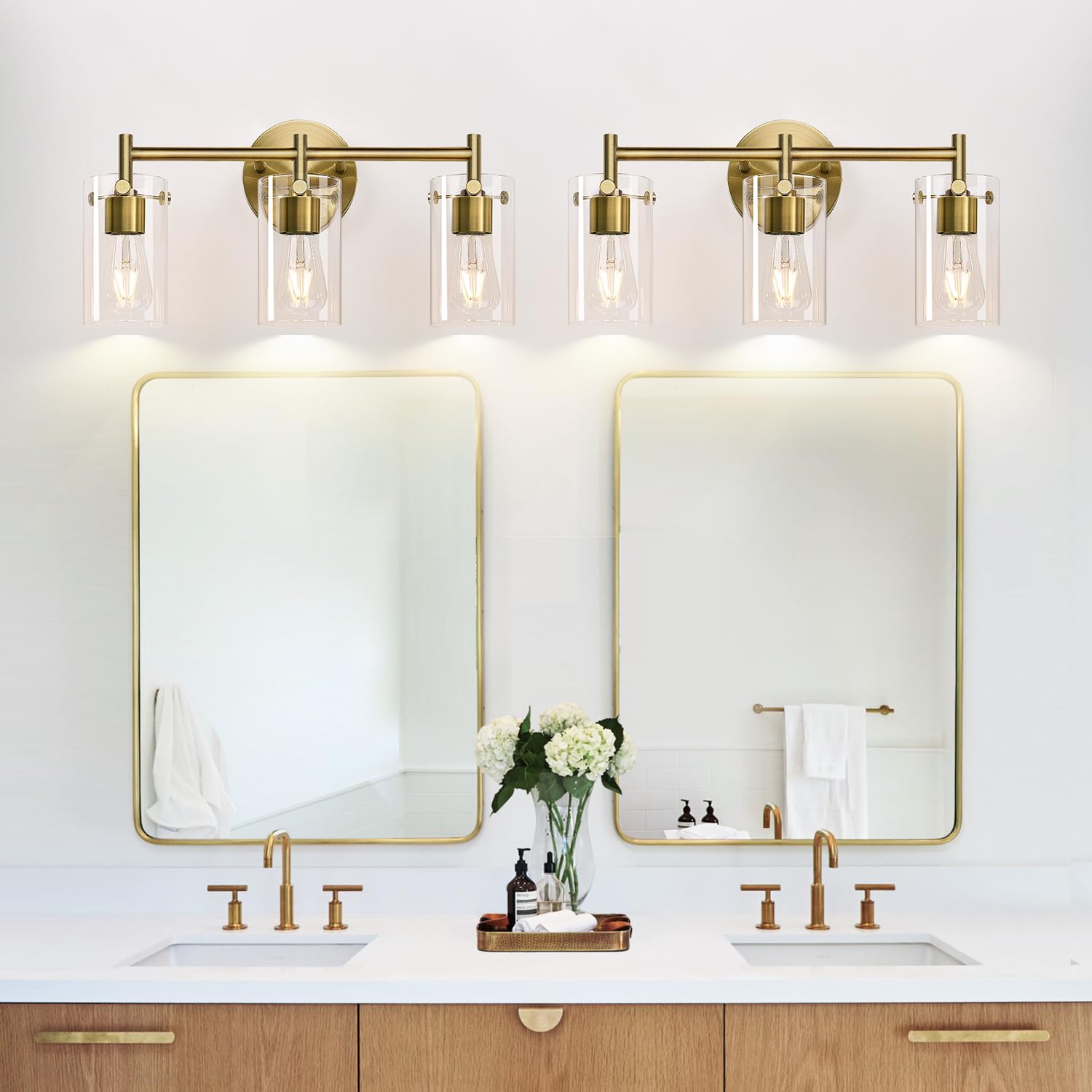Indoi Bathroom Light Fixtures 2024 Upgrade, 3-Light Brass Vanity Light, Black Bathroom Lights Over Mirror With Clear Glass Shade