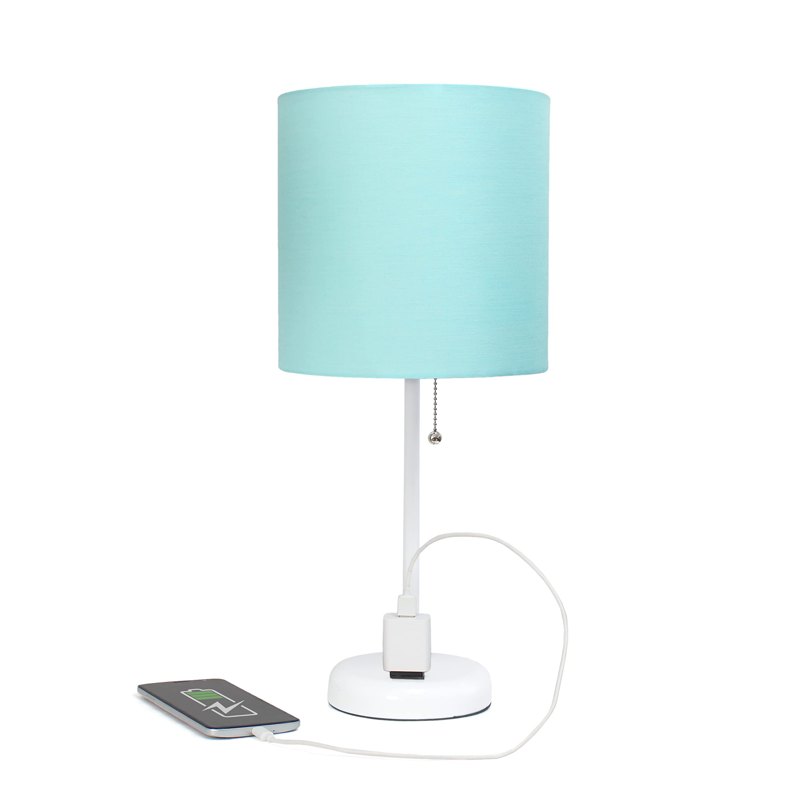 Simple Designs LT1144-AOW Sleek and Slender White Table Lamp with Charging Outlet, for Bedroom, Living Room, Entryway, Office, Dining Room, Study, Aqua Shade