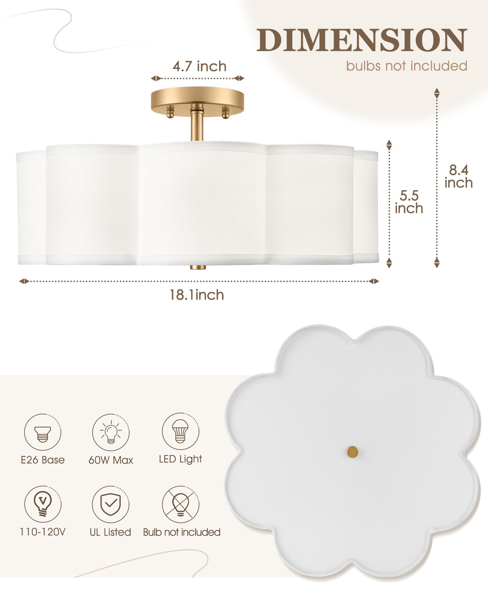 Audickic Gold Semi Flush Mount Ceiling Light, 3-Light 13'' Ceiling Light Fixtures With Fabric Shade In Flower Shape, Farmhouse B