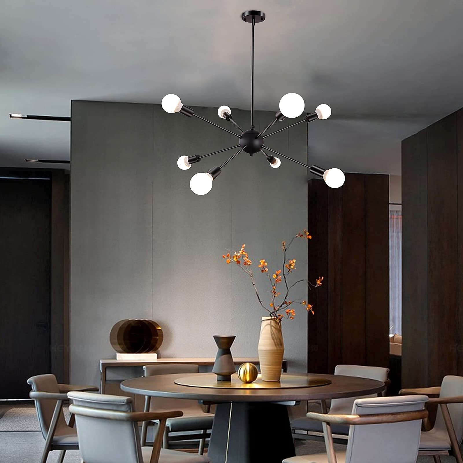 LASENCHOO Black Sputnik Chandelier, 8 Lights, Mid Century Modern Pendant Light, Model BLM-D0005S-8-B