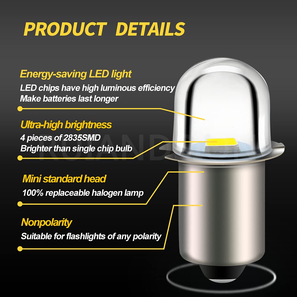 Ruiandsion LED Flashlight Bulb Replacement, P13.5S Base, 3V, White, Pack of 5