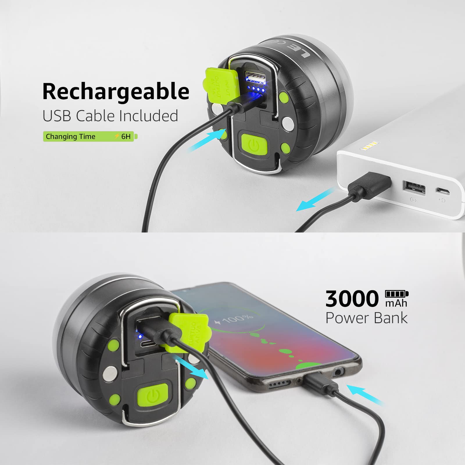 Le Led Camping Lantern Rechargeable, 310Lm, 5 Light Modes, Power Bank, Waterproof, Mini Flashlight With Magnetic Base For Hurricane Emergency, Outdoor, Hiking, Home And Car