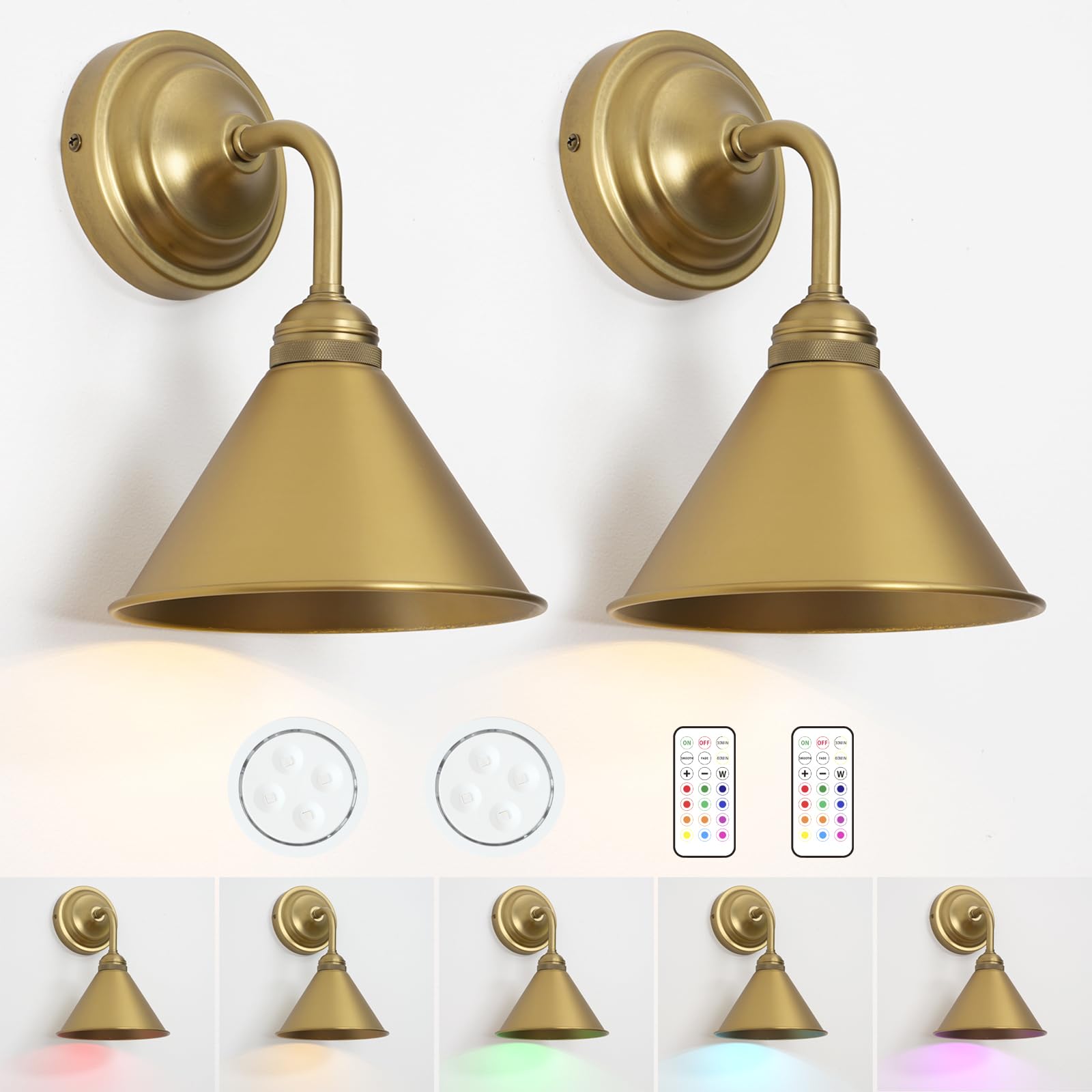 HEQIQEH Modern Battery Operated Wall Sconces, 13 RGB Color Changing, Dimmable, Metal Lamp Shade, Set of 2, Antique, Model HQ-BWT26D2