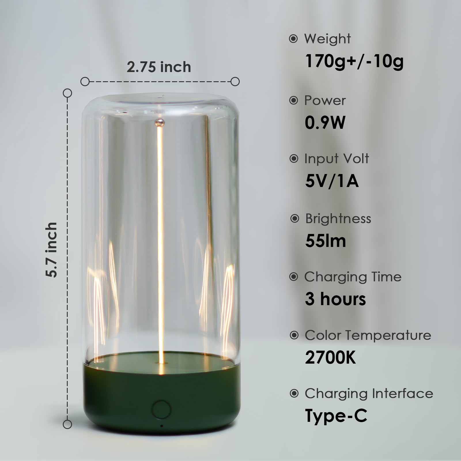 AUGE LIGHT Mini Minimalist Table Lamp Cordless Rechargeable 8.8x4.4x3.7in Dark Green Model AGSPGY2701