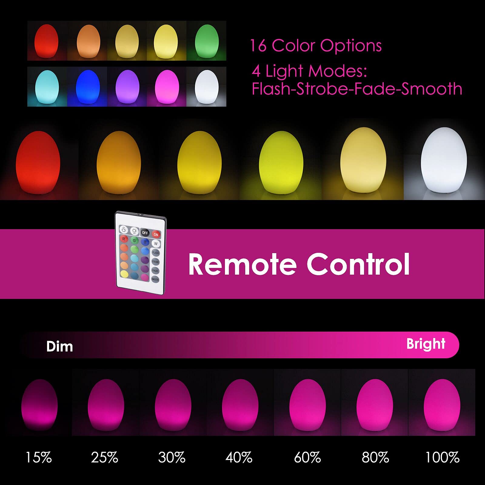 Borelor 8-Inch Led Egg Shape Night Light, 16 Color Changing Rechargeable Mood Lamp With Remote Control, Dimmable Decorative Ligh