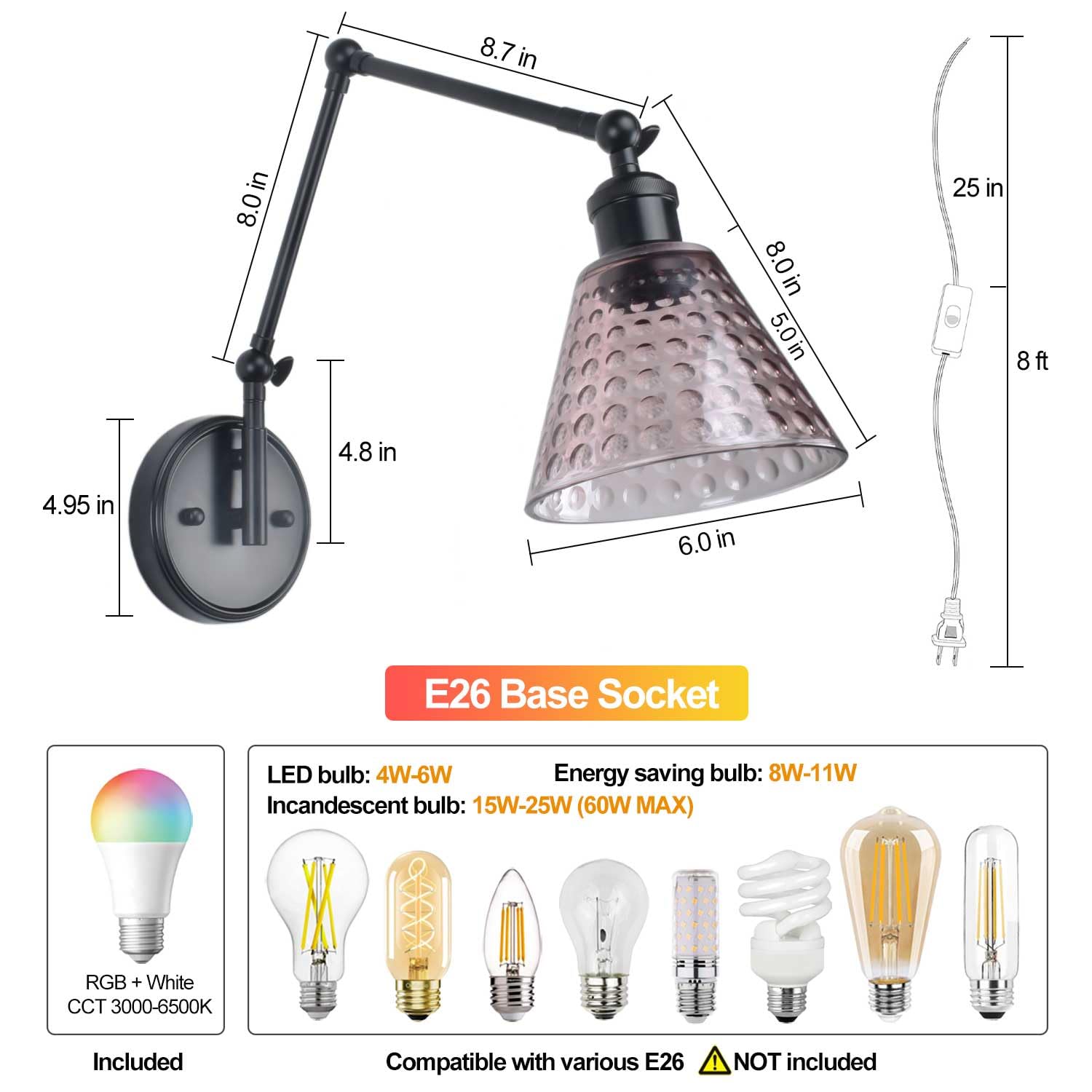Swing Arm Wall Sconce Set of 2, Polka Dots Glass Lampshade, Adjustable Brightness Temperature Wall Lamp with Remote Control LED