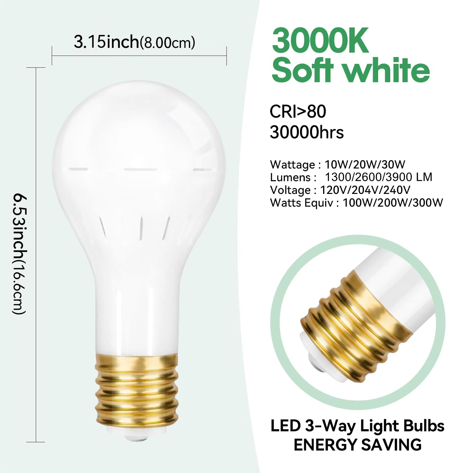 GEPLAD 2-Pack Mogul Base 3-Way LED Light Bulb, 10/20/30W, Soft White 3000K, for Antique Floor Lamps