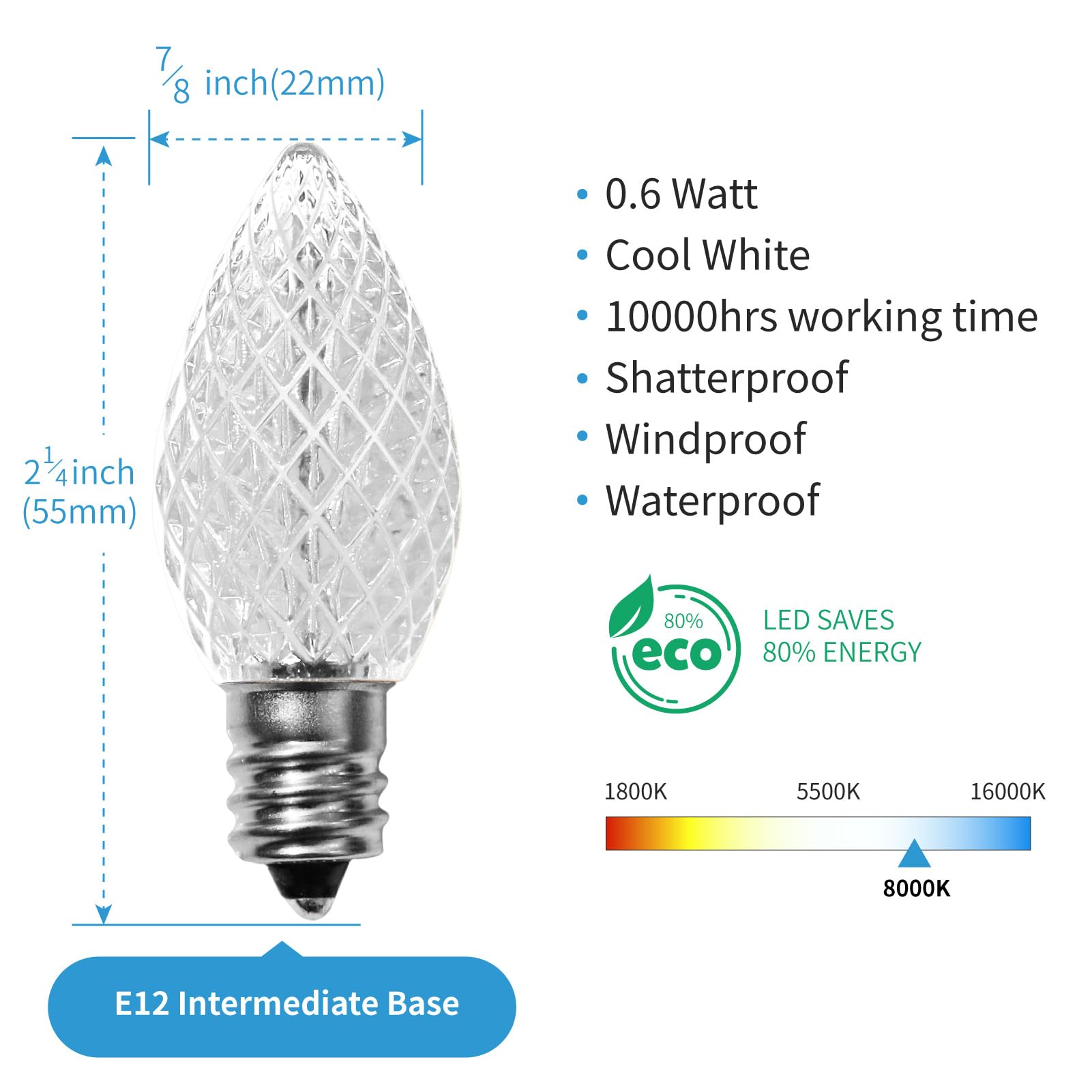 Meconard C7 LED Christmas Light Bulbs, Shatterproof, E12 Base, Cool White, 50 Count, Model MC706WCW50P