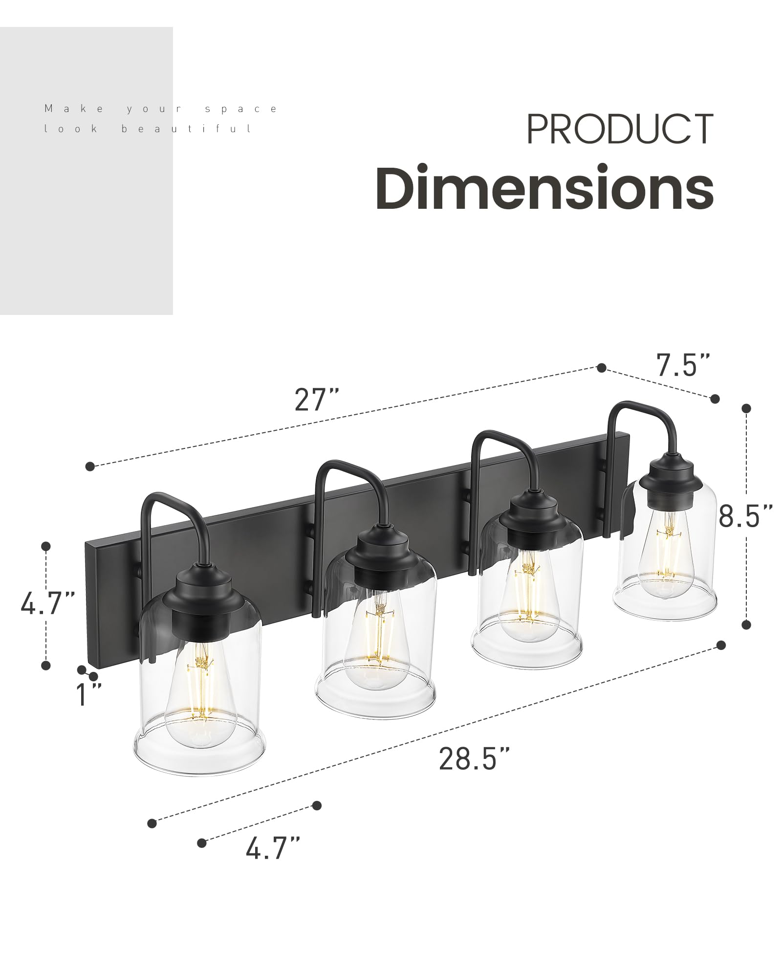 Zeyu Modern Bathroom Light Fixtures  4 Light Vanity Lighting  28.5 Bathroom Mirror Wall Light  Matte Black Finish With Clear Glass Shade  Zsl72B-4W Bk
