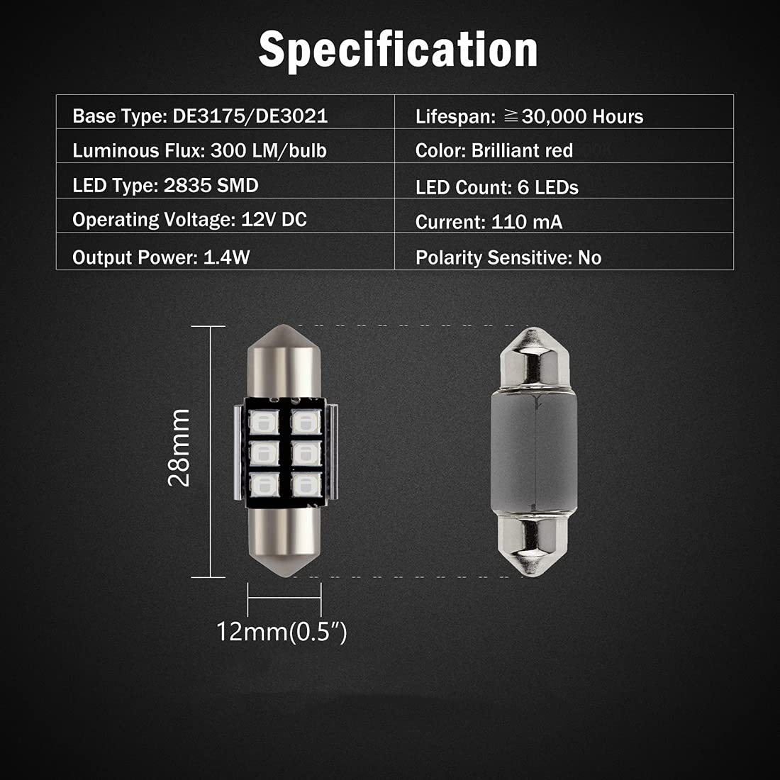 BRISHINE Festoon LED Bulbs 28MM/29MM, Canbus Error Free, Aluminum, Brilliant Red, Model BRISHINE-Festoon28R-28354