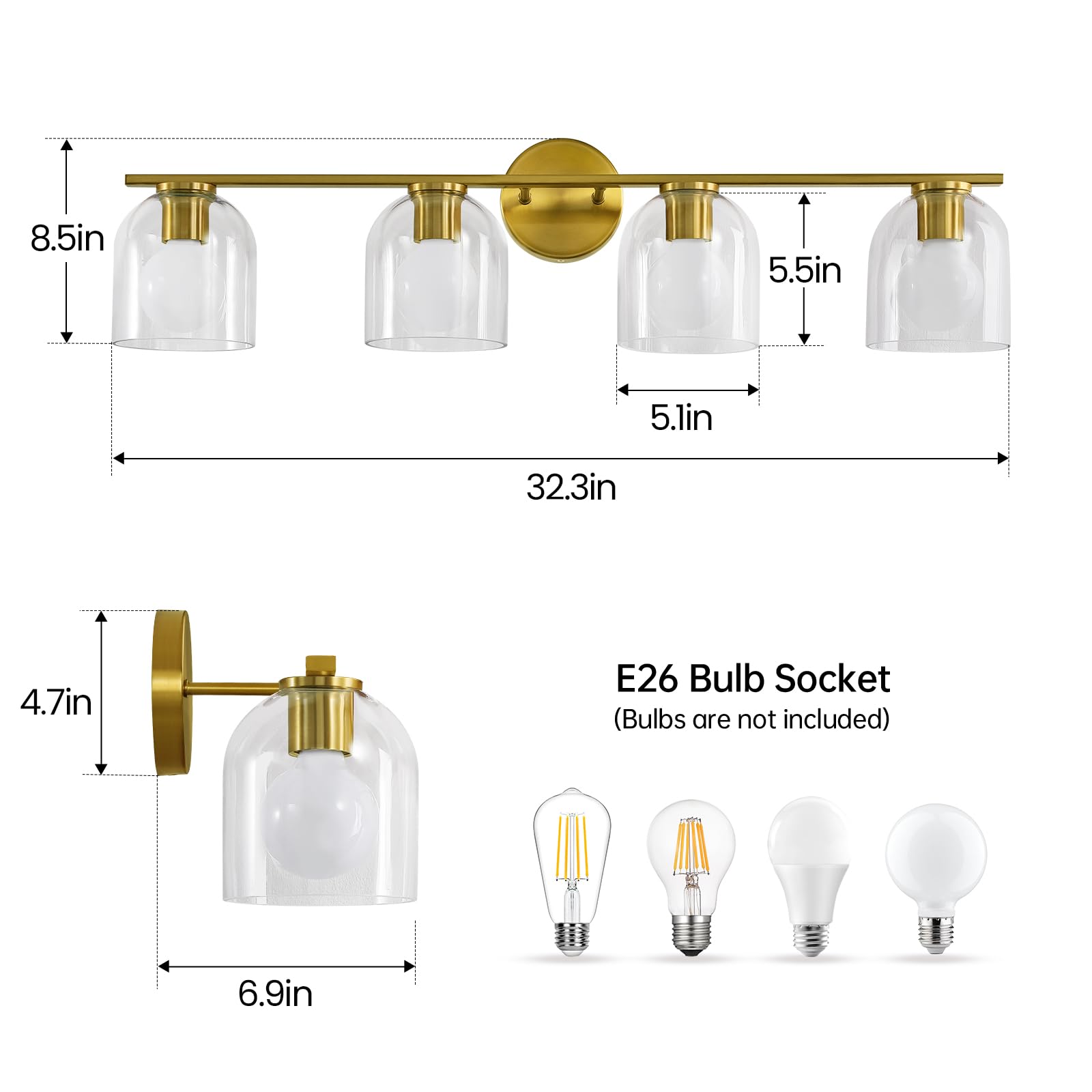 Woshitu Bathroom Vanity Light Fixtures: 32.3 Inch Modern Brushed Gold Bathroom Light Fixtures Over Mirror With Clear Glass Shade