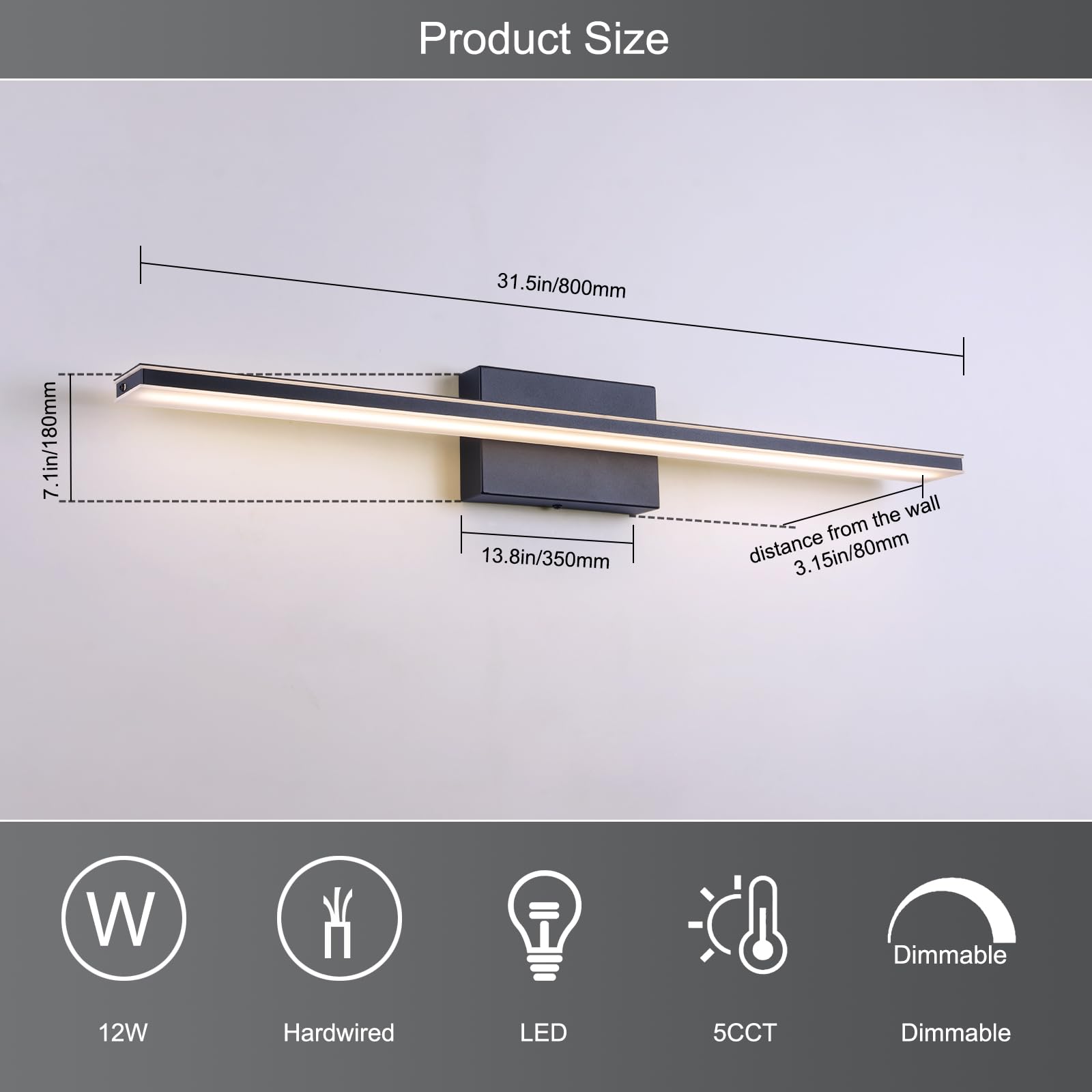 BRIVOLART LED Bathroom Vanity Light Dimmable 5CCT 31.5 Inch Black Acrylic Fixture Model 6420-5CCT